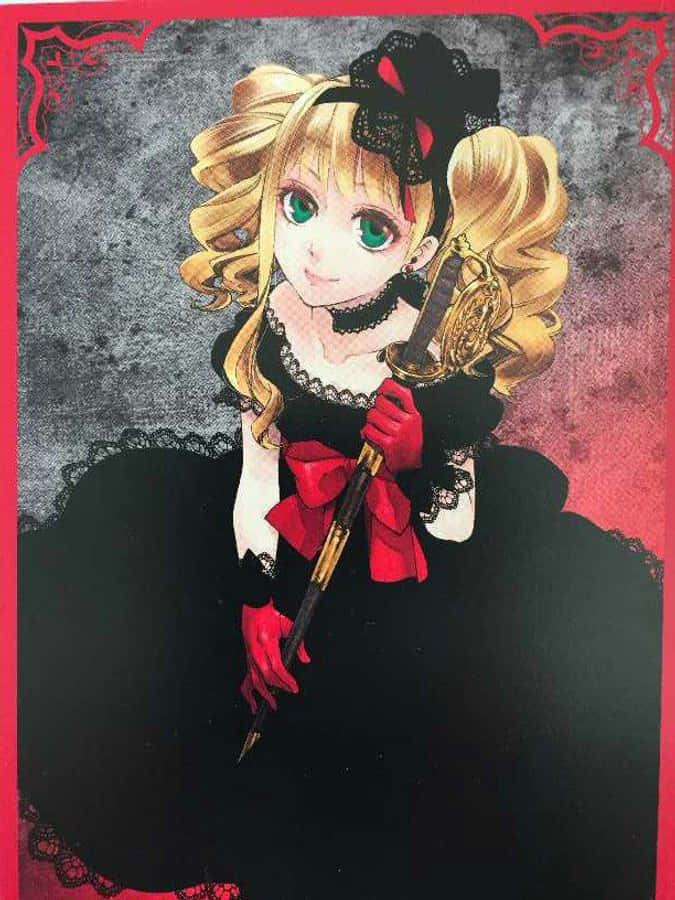 Elizabeth Midford 桌布 壁紙 — 一位金髮動漫女孩，身穿黑色蕾絲連衣裙，戴著紅色手套和蝴蝶結，在骯髒的紅灰色背景前揮舞著劍。
