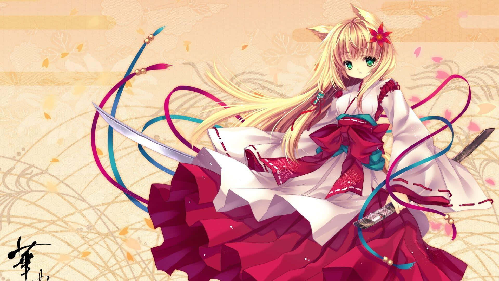 neko 桌布 壁紙 — 一位金髮動漫女孩，長著狐狸耳朵，身穿紅色和服，手持劍，周圍有彩色絲帶旋轉，背景是花卉圖案。