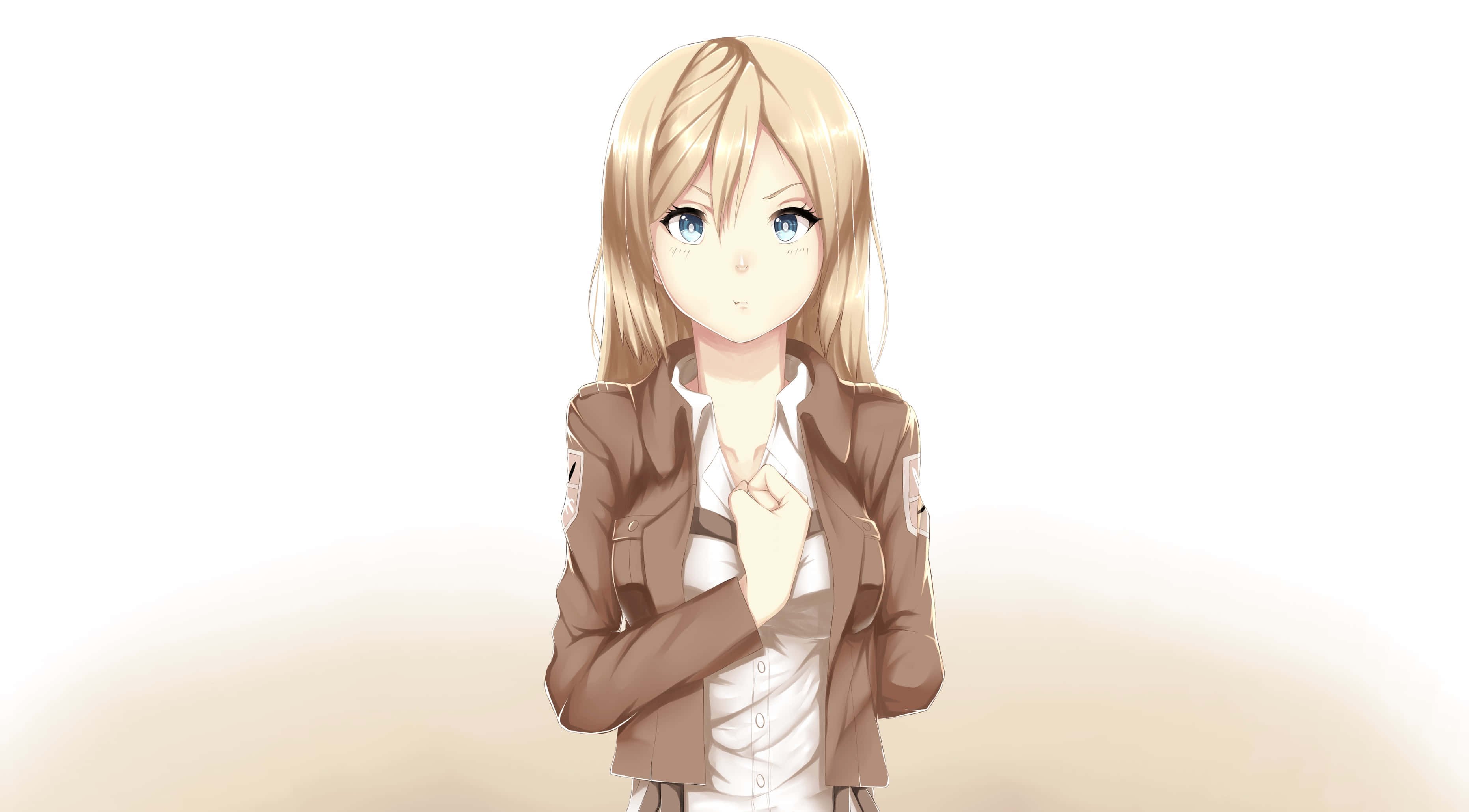 Historia Reiss 桌布 壁紙 — 一位金髮動漫女孩穿著棕色外套和白色襯衫，站在柔和的漸變背景前，表情溫柔。