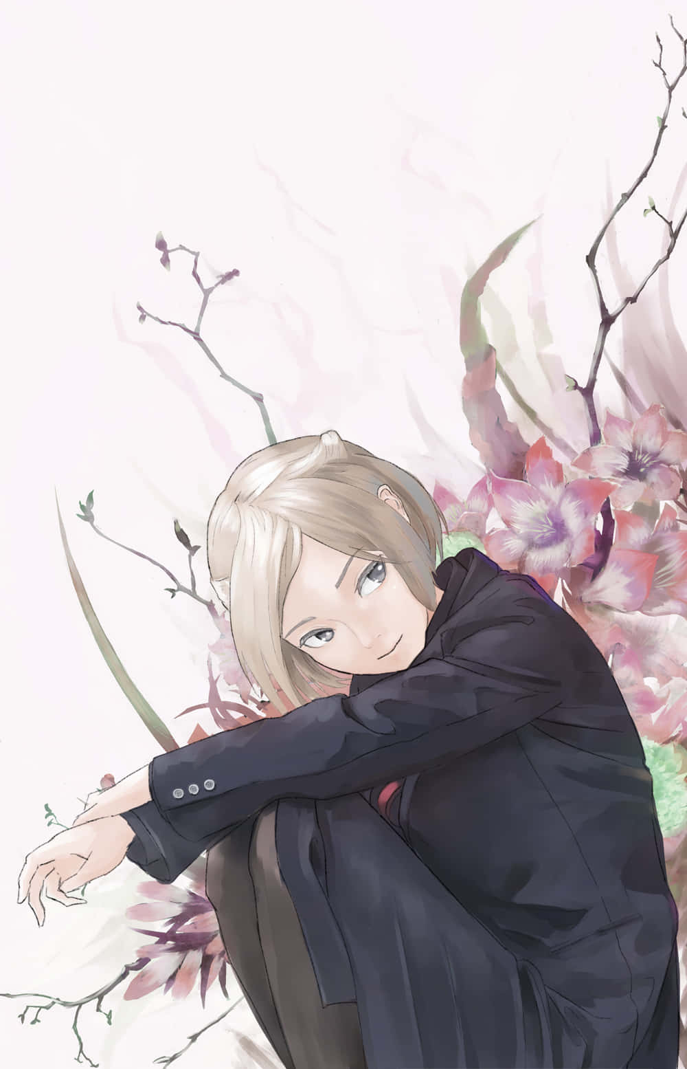 Akira Mado 桌布 壁紙 — 一位金髮動漫女孩穿著深色外套，在淡粉色櫻花中輕輕倚靠，背景是蒼白的天空。