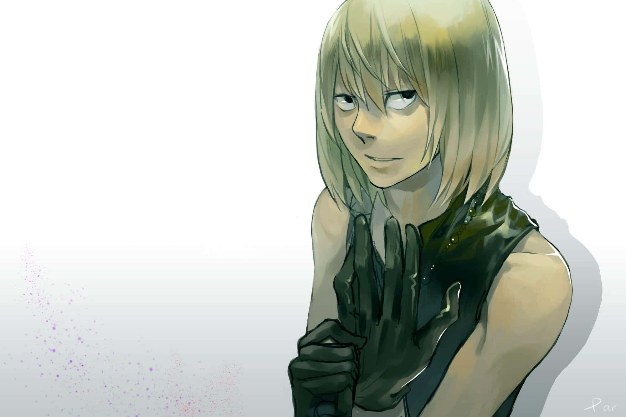 Death Note Mello 桌布 壁紙 — 一位金髮動漫女孩穿著深色無袖上衣和手套，在帶有紫色斑點的柔和漸變背景前舉起手。