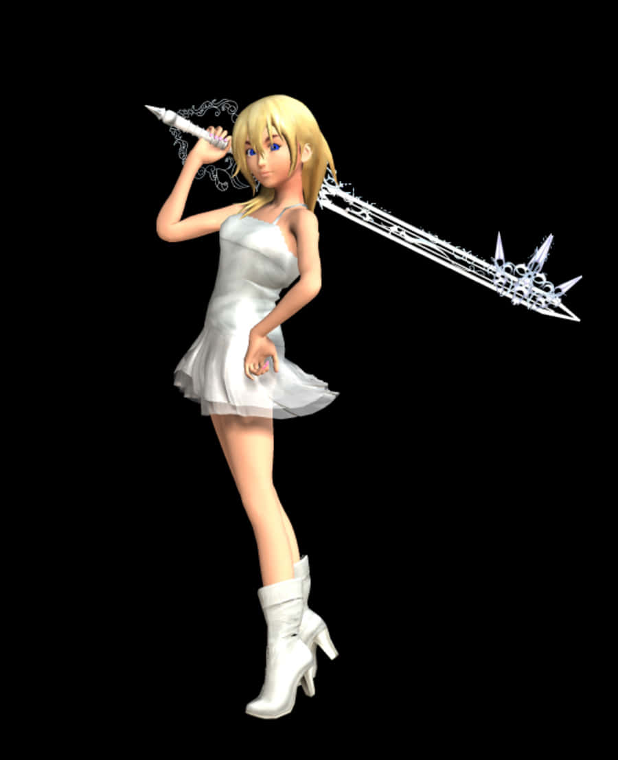Kingdom Hearts Namine 桌布 壁紙 — 一位金髮動漫女孩穿著白色連衣裙和靴子，在黑色背景前拿著一把大型裝飾鑰刃。