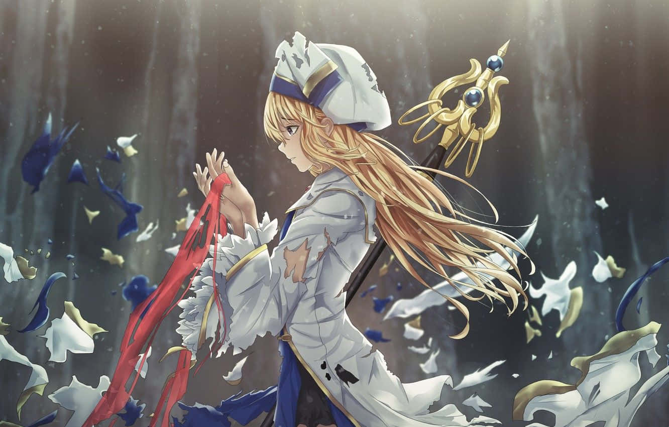 哥布林殺手 桌布 壁紙 — 一位金髮動漫女孩穿著破爛的白色制服，手持紅色絲帶，金色和藍色碎片在她周圍的神秘森林中旋轉。