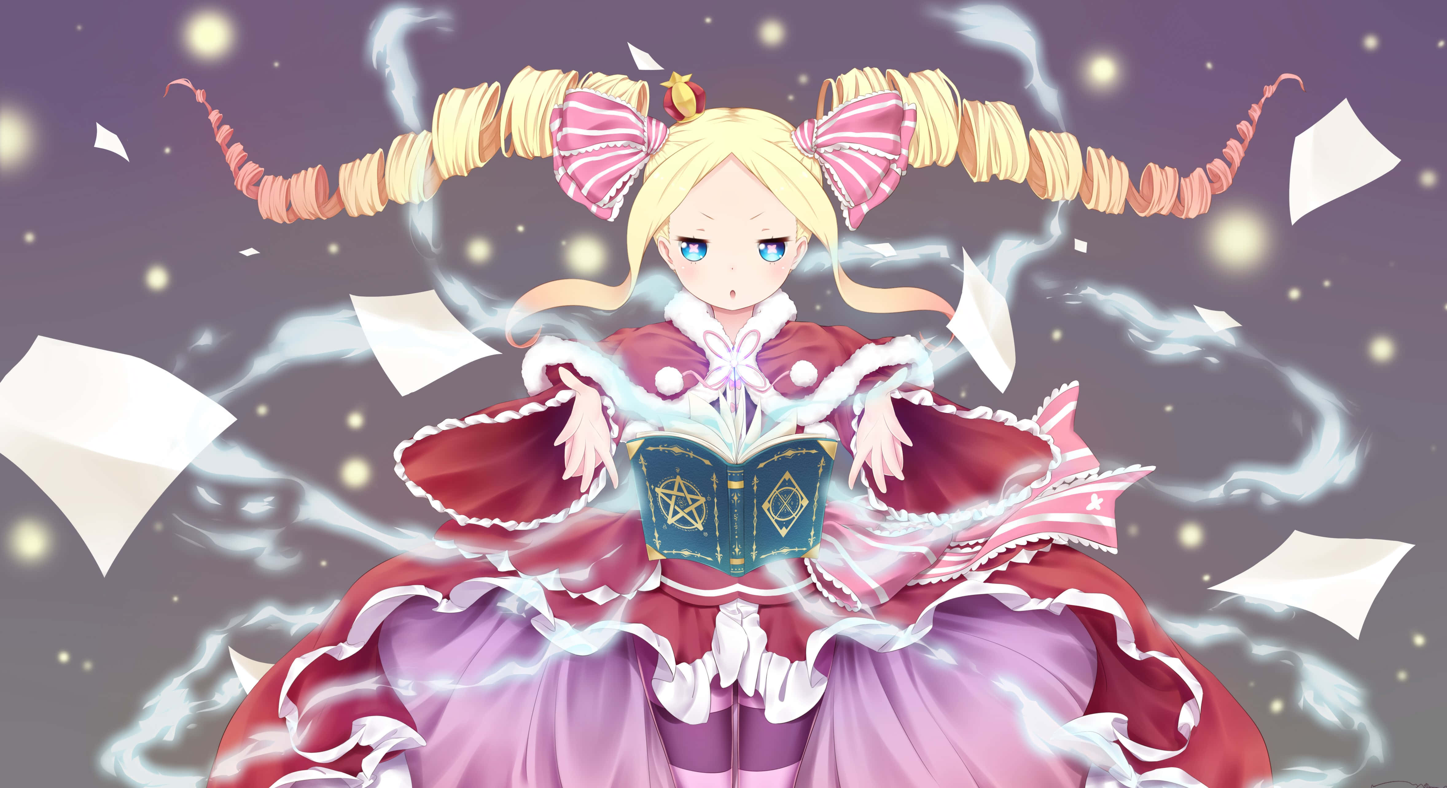 Re Zero 桌布 壁紙 — 一位金髮動漫女孩穿著紅紫色連衣裙，從發光的書中施展魔法，紙張在她周圍飛舞。