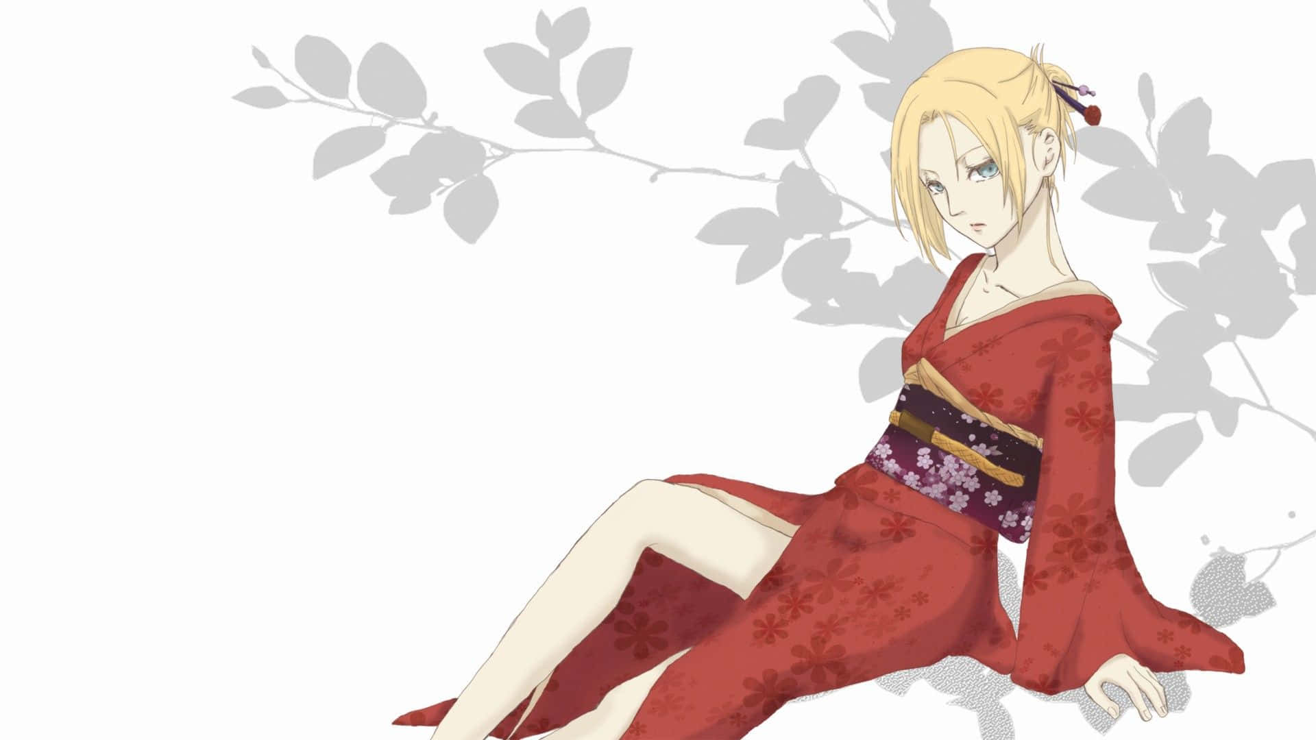 Annie Leonhart 桌布 壁紙 — 一位金髮動漫女孩穿著紅色花卉和服，優雅地坐在極簡灰色樹枝剪影前。