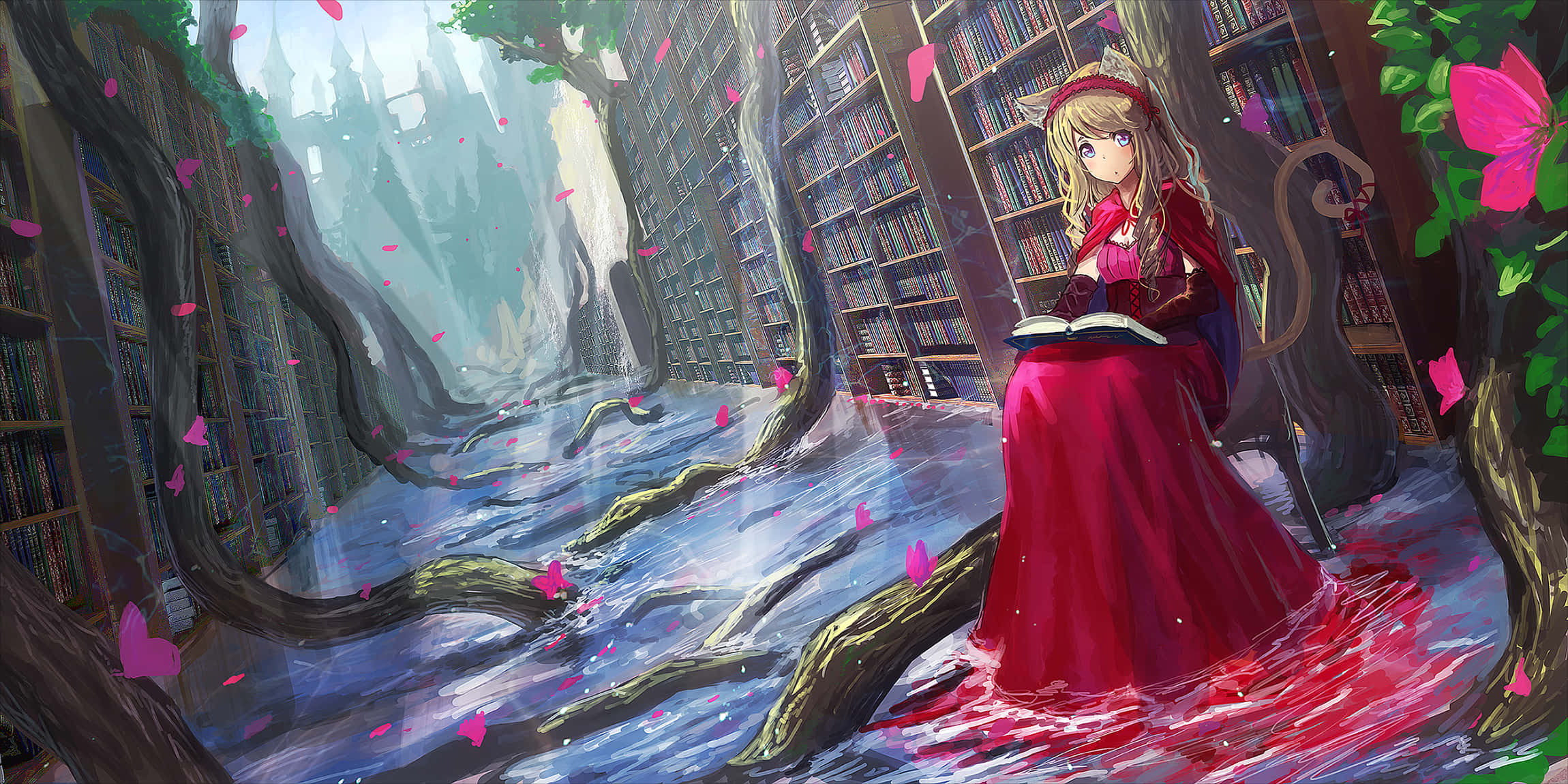 Reading 桌布 壁紙 — 一位金髮動漫女孩穿著紅色連衣裙，在高聳的書架和流水中閱讀一本書，粉紅色的花瓣在她周圍漂浮。