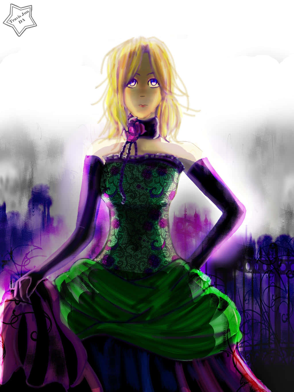 Durarara Vorona 桌布 壁紙 — 一位金髮動漫女孩穿著綠色和紫色的哥德式連衣裙，自信地站在霧氣瀰漫的紫色城市景觀前。