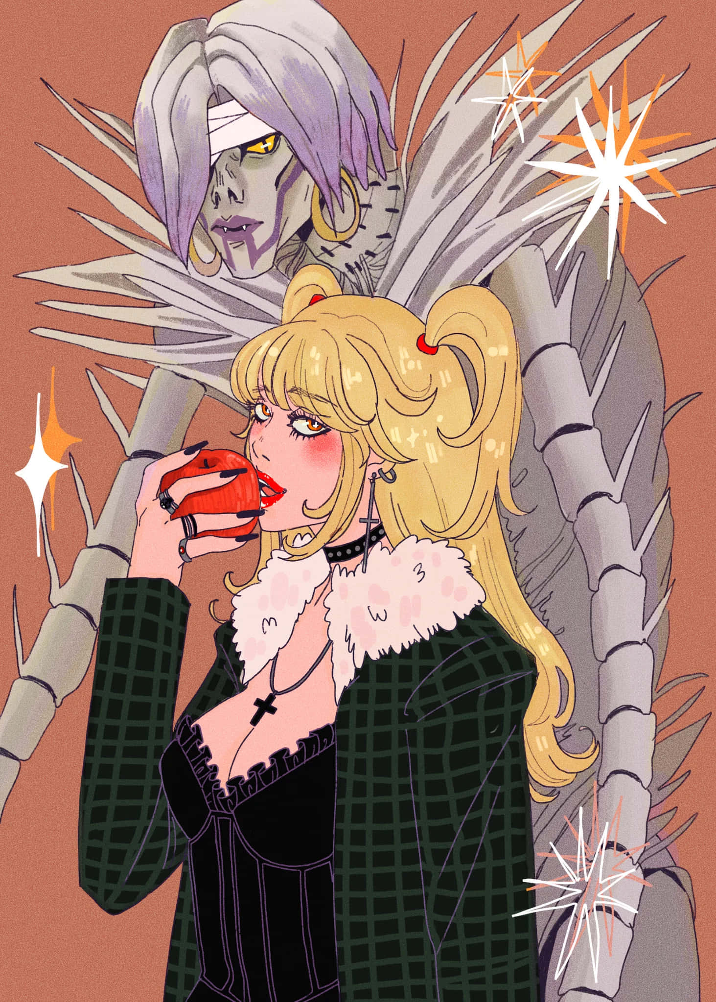 Death Note Rem 桌布 壁紙 — 一位金髮動漫女孩穿著綠色格紋外套，啜飲紅色飲料，身後有一個淡紫色頭髮的骷髏身影，雙眼發光，隱約出現。