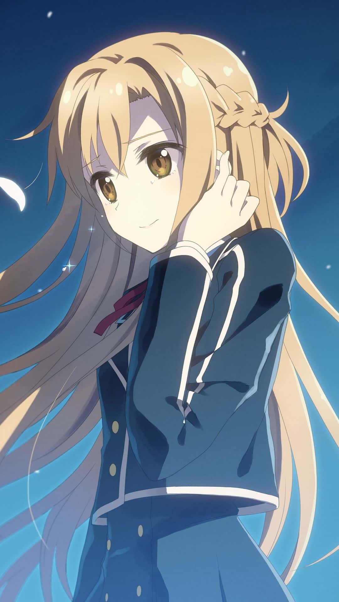 Yuuki Asuna 桌布 壁紙 — 一位金髮動漫女孩穿著藍色校服，在繁星點點的夜空下，伴著新月溫柔微笑。