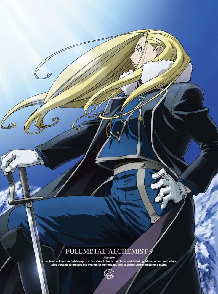 Olivier Mira Armstrong 桌布 壁紙 — 一位金髮動漫女孩穿著藍色軍服，在明亮的藍天白雲下舉劍。