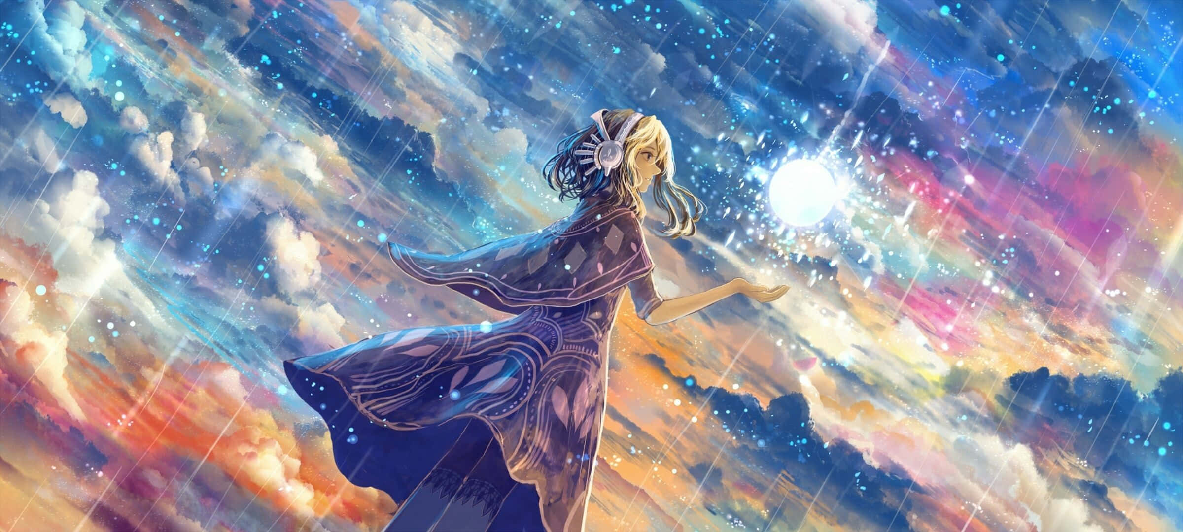 Manga Universe 桌布 壁紙 — 一位金髮動漫女孩穿著飄逸的連衣裙，在充滿星星和彩色雲朵的充滿活力的宇宙天空中，伸手觸摸發光的月亮。