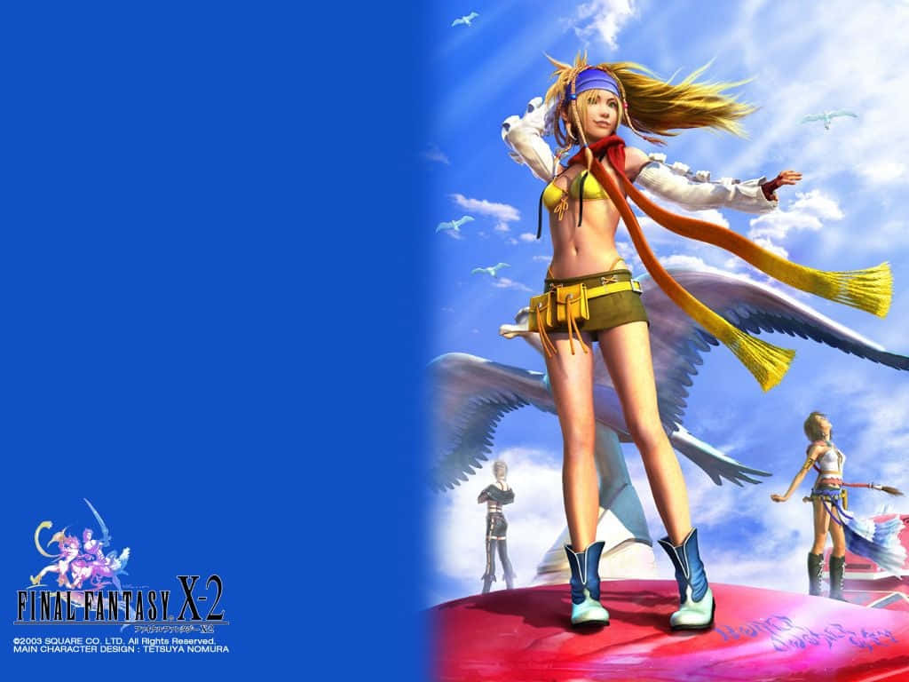 Final Fantasy X 桌布 壁紙 — 一位金髮動漫女孩穿著黃色比基尼和藍色靴子，站在一個紅色球體上，旁邊有一隻大白鳥，在明亮的藍天下有海鷗飛翔。