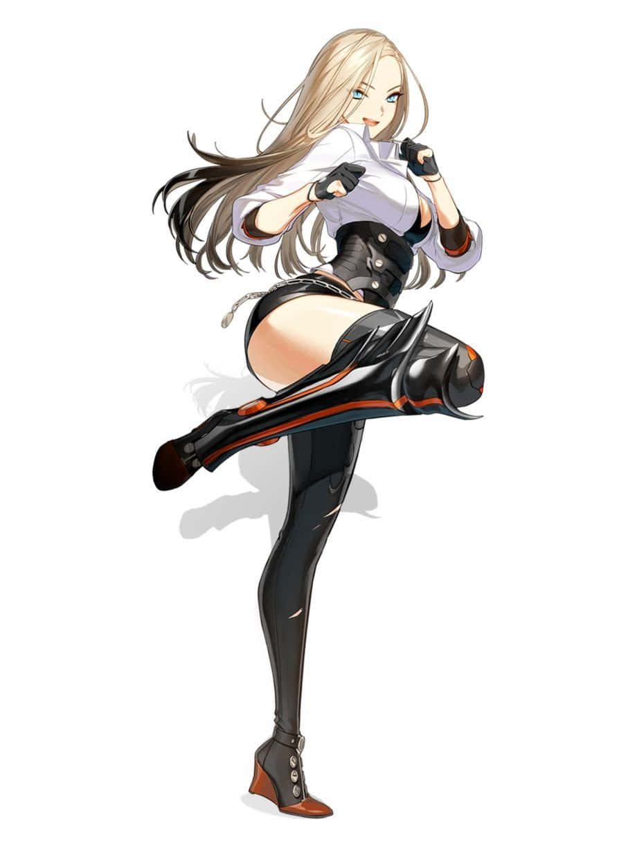 穿著黑色靴子和白色襯衫的動漫女孩擺出戰鬥姿勢。 — 唯美蝴蝶動圖 壁紙
