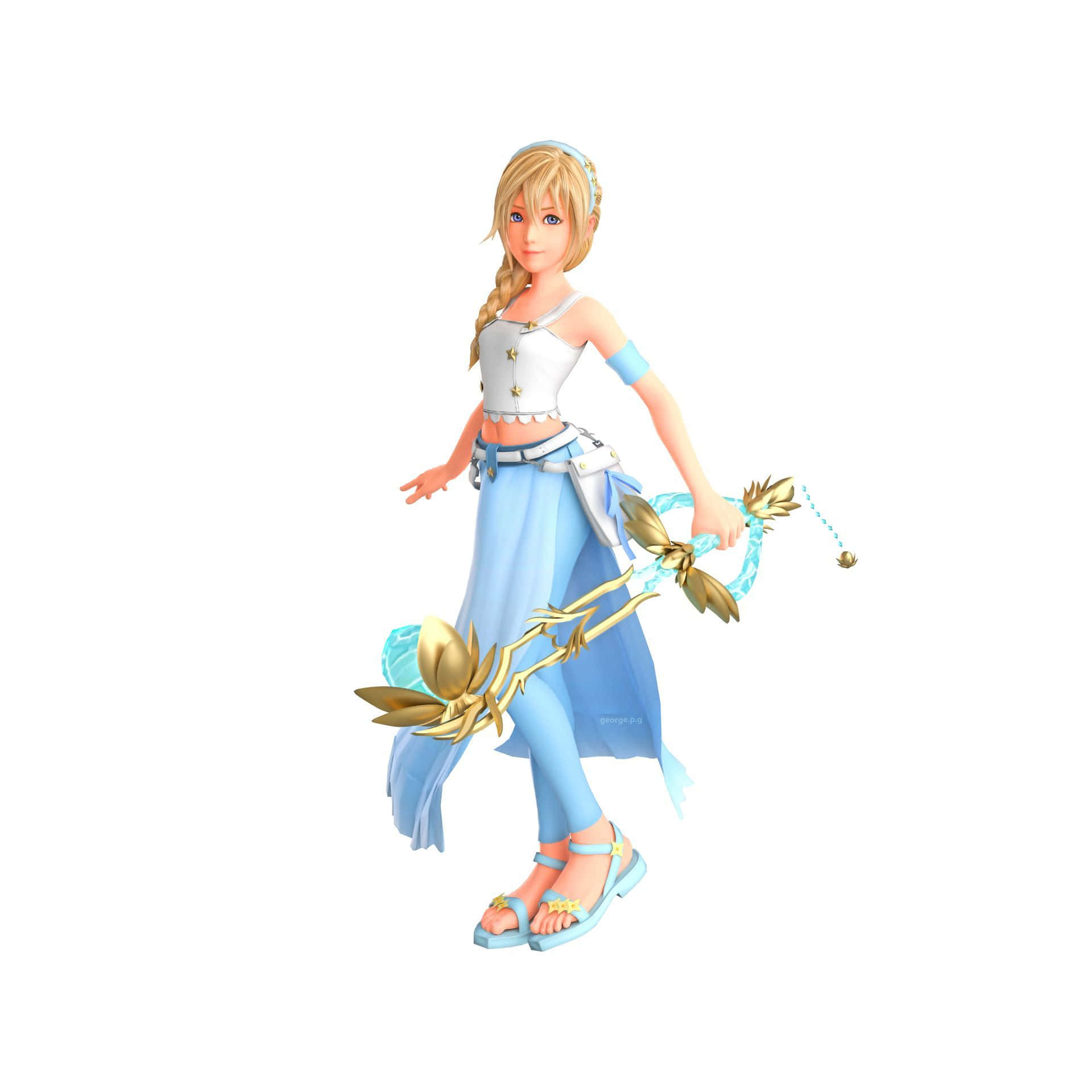 Kingdom Hearts Namine 桌布 壁紙 — 一位金髮動漫女孩身穿淺藍色和白色服裝，在純白背景前手持金色葉子法杖。