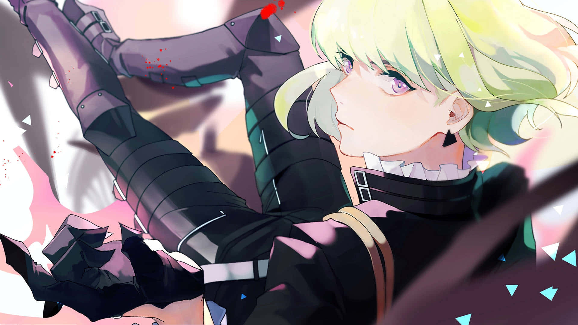 Promare 桌布 壁紙 — 一位金髮動漫女孩身穿黑色盔甲，周圍有破碎的碎片和粉紅色能量爆發，擺出動態姿勢。