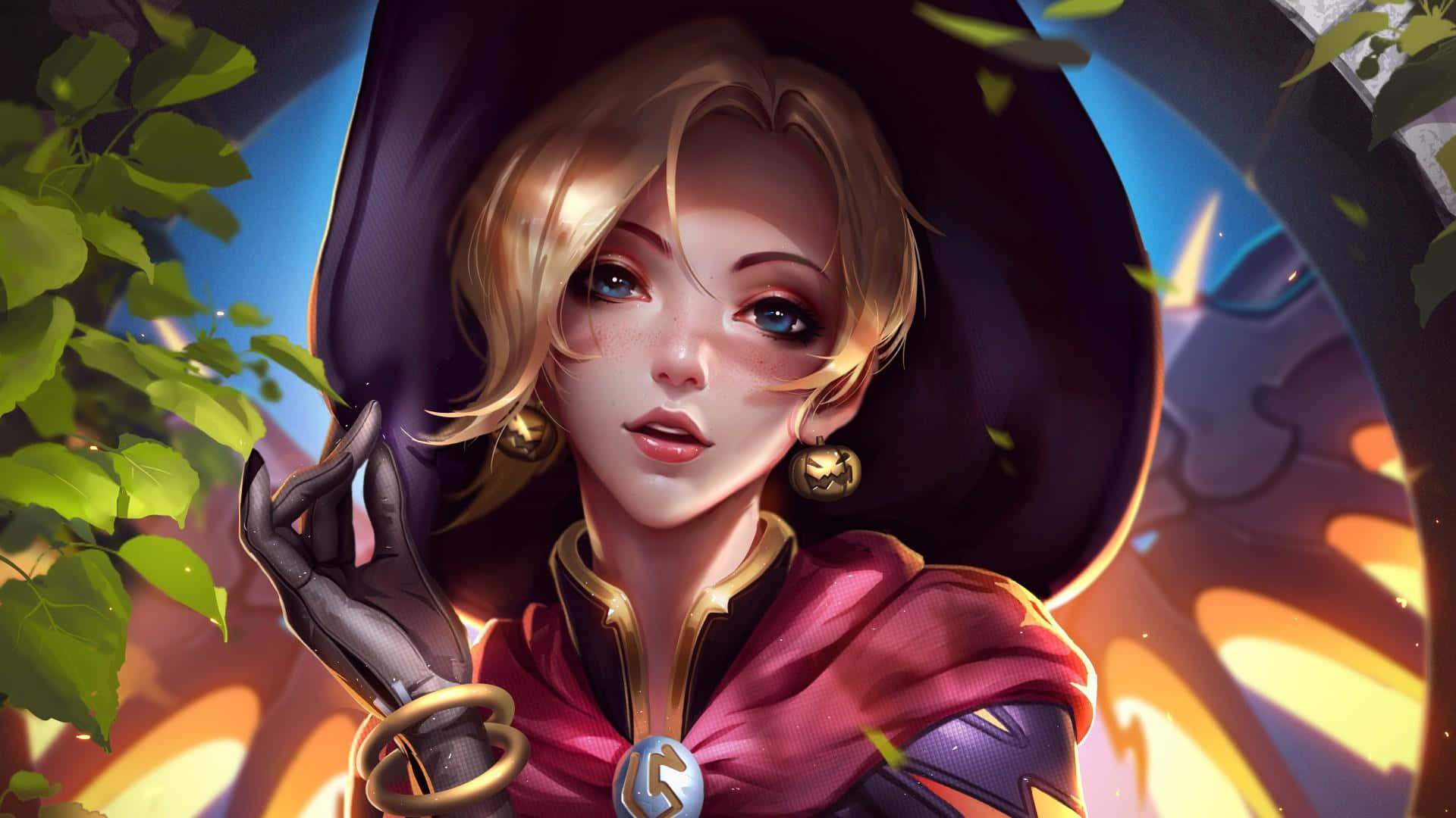 Overwatch Mercy 桌布 壁紙 — 一位金髮動漫女巫，身穿紫色兜帽和紅色斗篷，站在明亮的藍天下，周圍是發光的葉子。