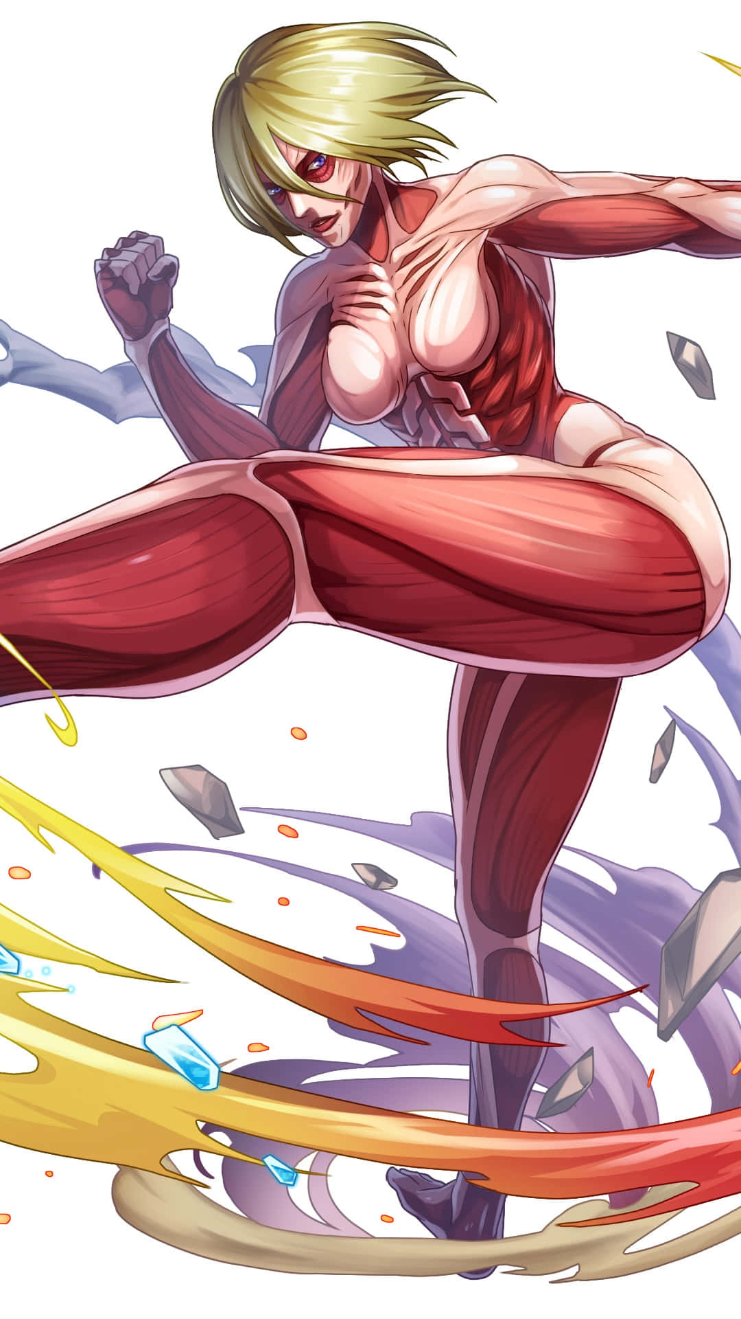 Female Titan 桌布 壁紙 — 一位金髮動漫女性，露出紅色肌肉纖維，動態跳躍，踢穿色彩繽紛的能量軌跡和破碎的碎片。