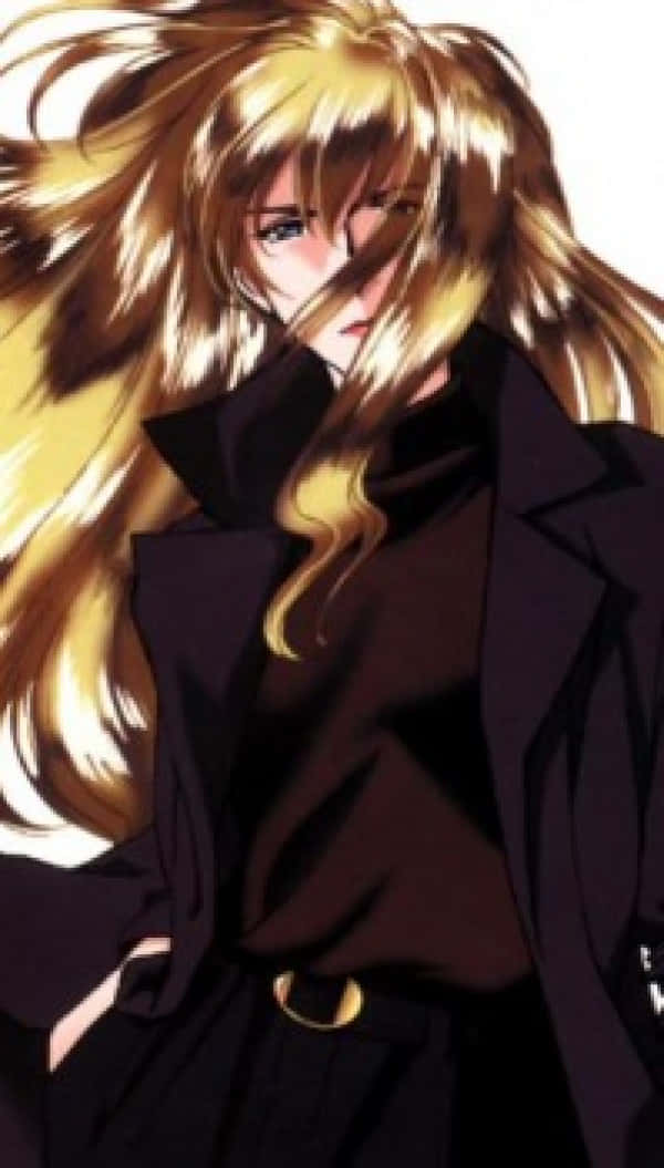 Cowboy Bebop Julia 桌布 壁紙 — 一位金髮動漫女性，頭髮被風吹起，穿著深色外套，背景是純白色。