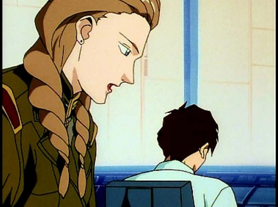Gundam Wing Sally Po 桌布 壁紙 — 一位金髮動漫女性穿著軍服，在無菌室內俯身靠近一位穿著淺色襯衫的坐著男性。