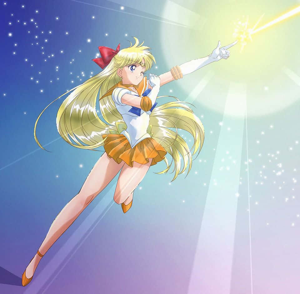 Sailor Venus 桌布 壁紙 — 一位金髮動漫女英雄穿著水手服，在星空漸變的天空中從手指發射發光的射線。