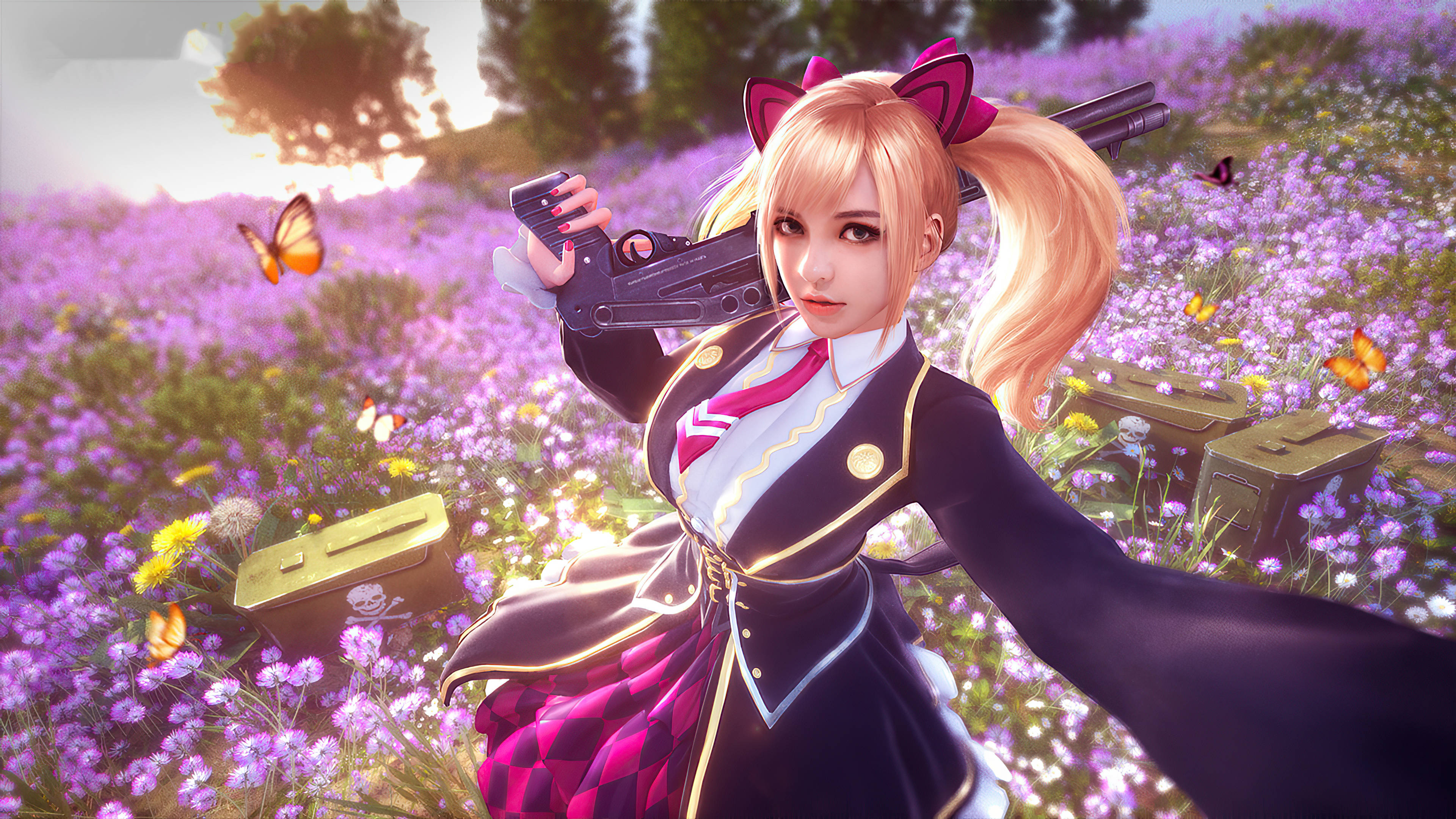 遊戲 桌布 壁紙 — 一位金髮動漫少女穿著校服，在紫色花田中手持步槍，蝴蝶在她周圍飛舞。