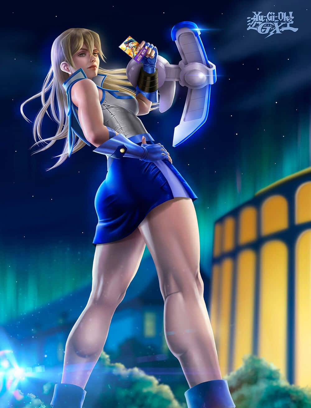 Alexis Rhodes 桌布 壁紙 — 一位金髮動漫少女穿著藍銀色服裝，在星空極光下拿著發光的卡片和未來武器。