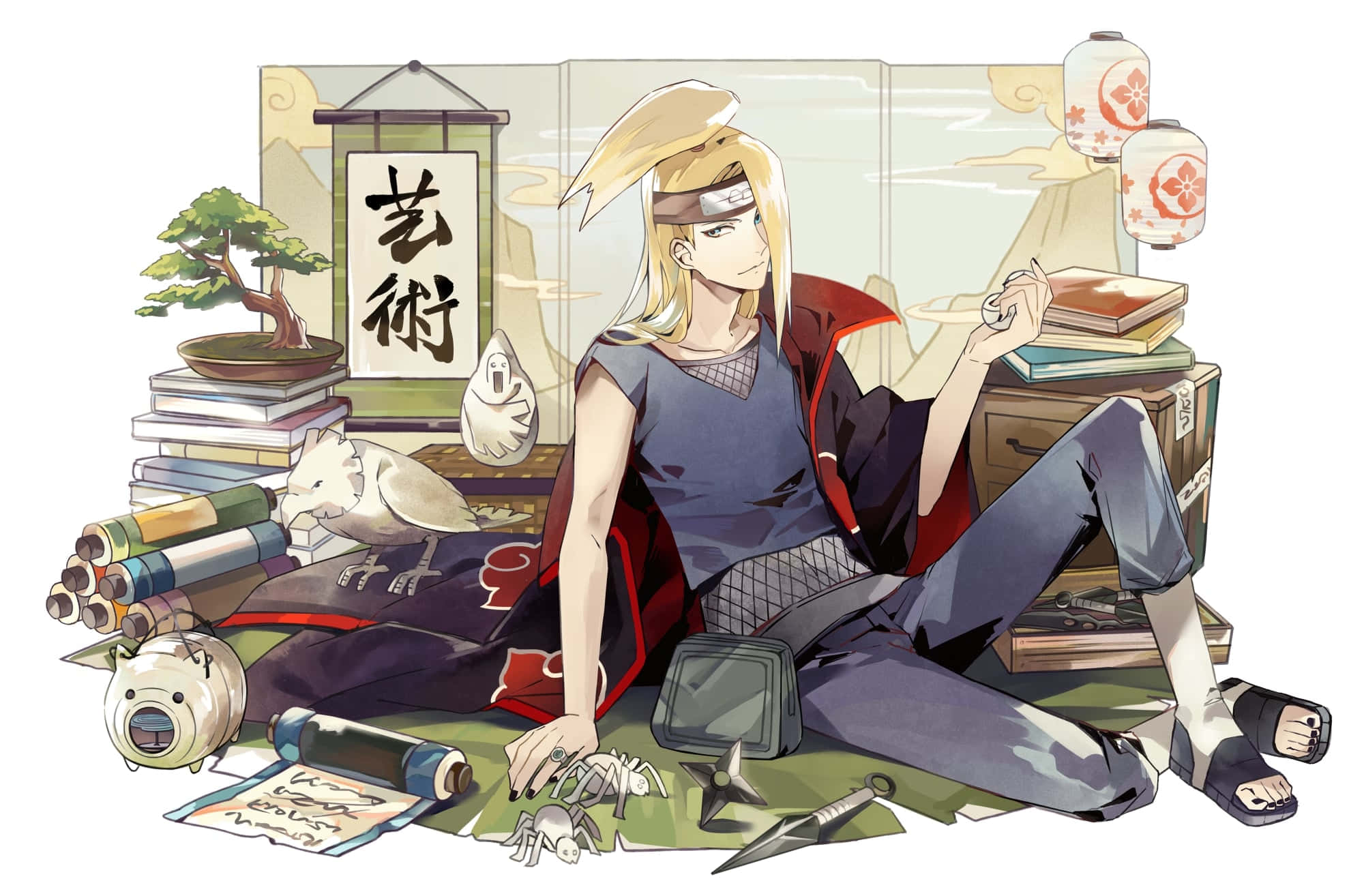 Akatsuki X Deidara 桌布 壁紙 — 一位金髮動漫忍者放鬆地坐在傳統日式房間中，周圍有卷軸、書籍和武器。