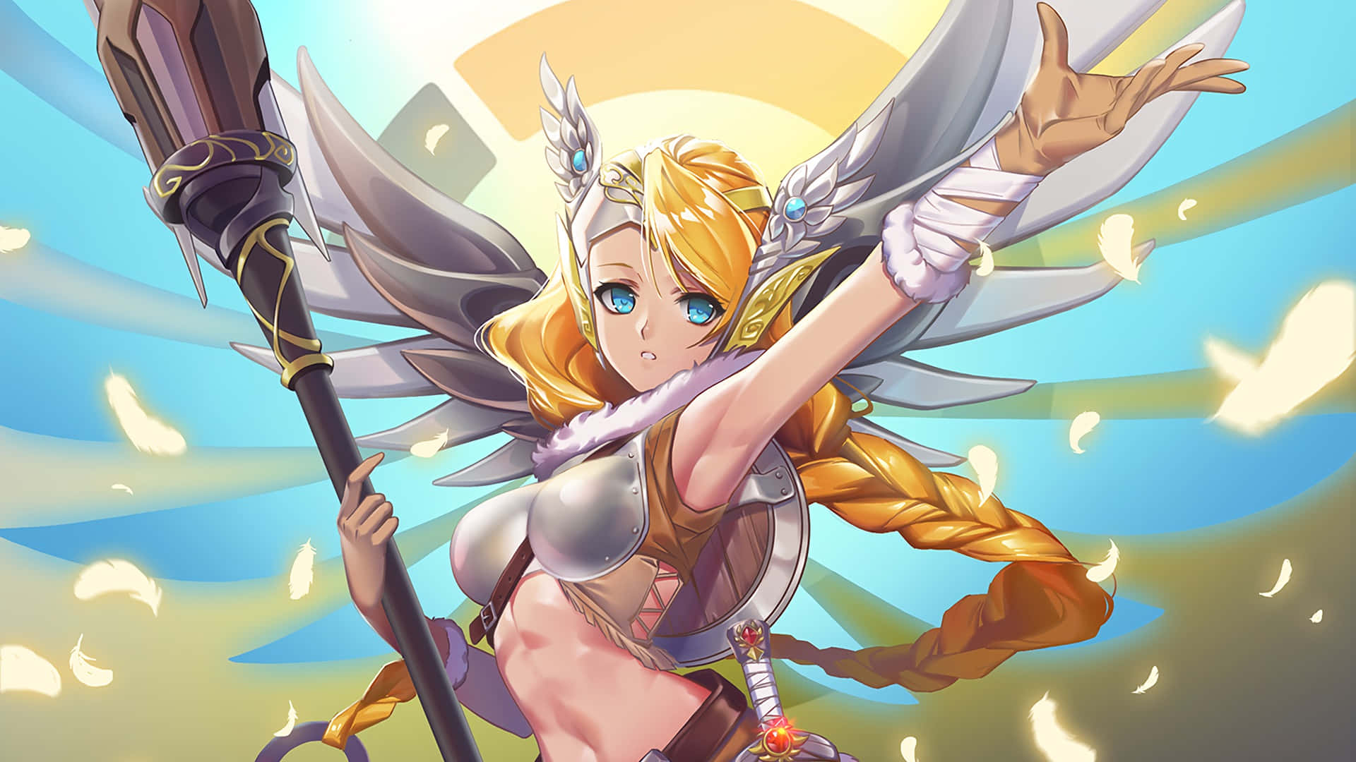 Overwatch Mercy 桌布 壁紙 — 一位金髮動漫戰士，擁有銀色翅膀和法杖，在燦爛的太陽光背景下動態站立。