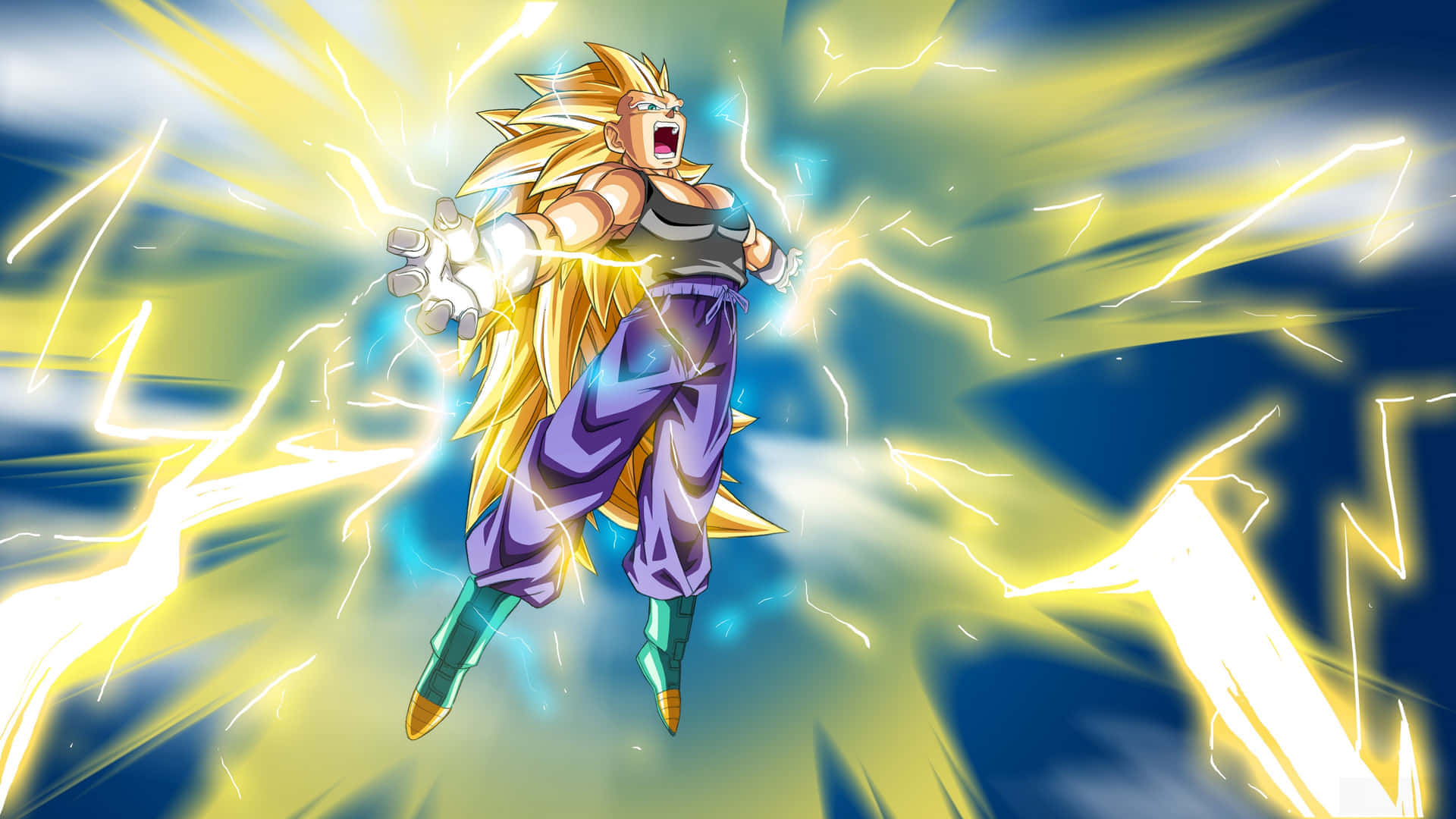 Vegeta Super Saiyan 3 桌布 壁紙 — 一位金髮動漫戰士在動態的藍黃背景下咆哮，周圍能量噼啪作響。