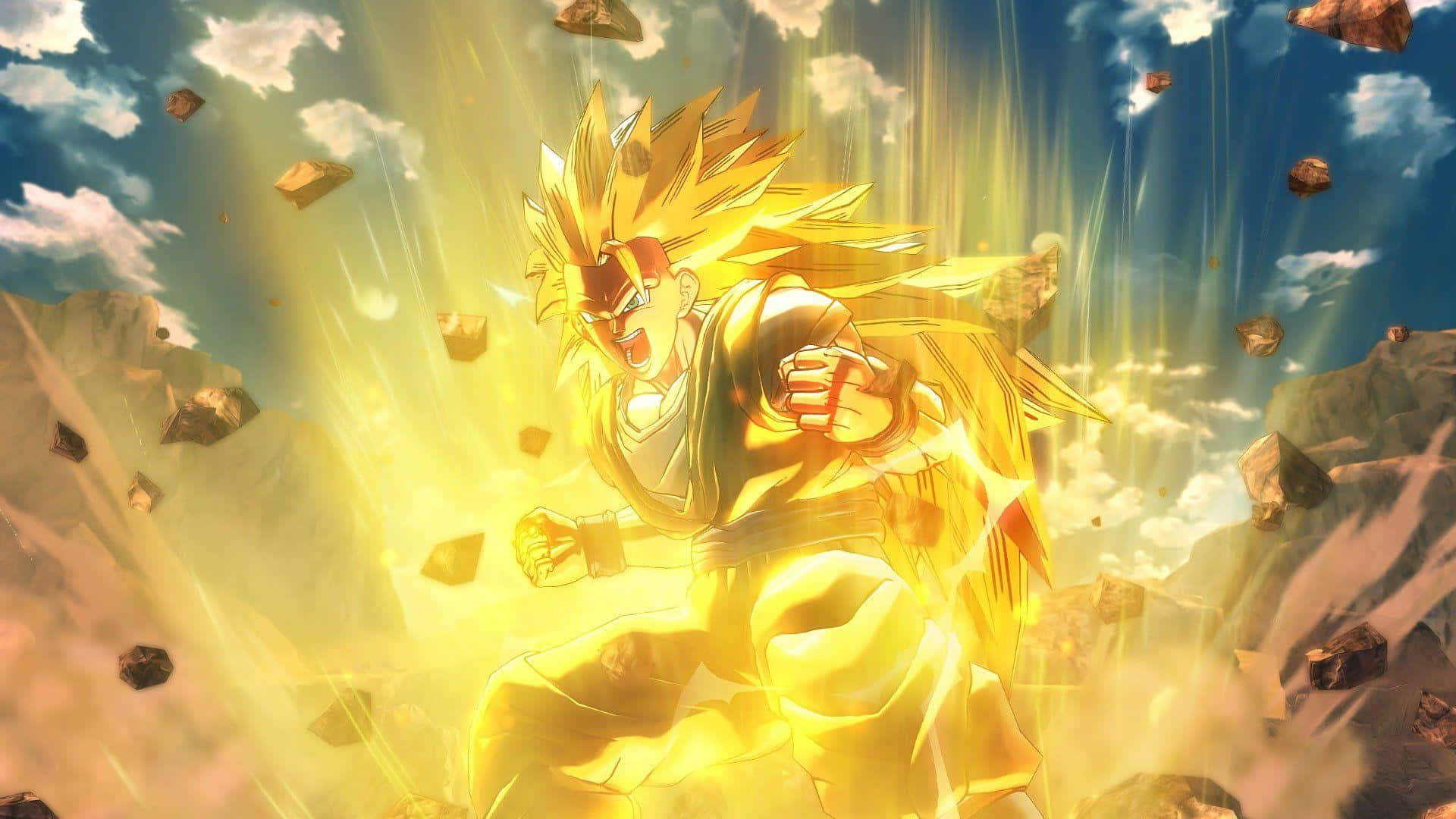 Dragon Ball Xenoverse 桌布 壁紙 — 一位金髮動漫戰士在戲劇性的天空下，岩石在他周圍爆炸，散發出強烈的能量。