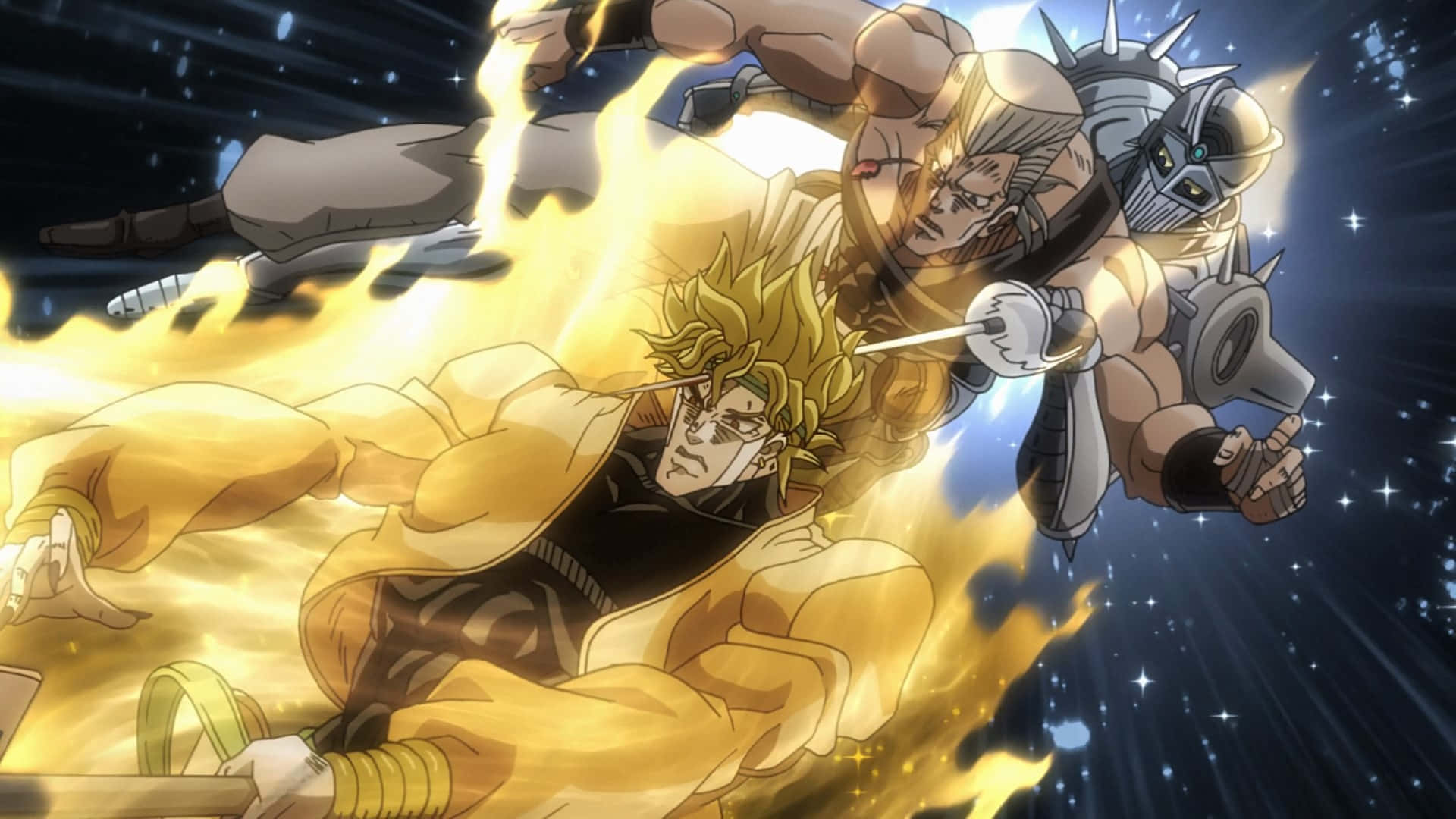 Stardust Crusaders 桌布 壁紙 — 一位金髮動漫戰士在熾熱能量和星空宇宙中與機械敵人戰鬥。