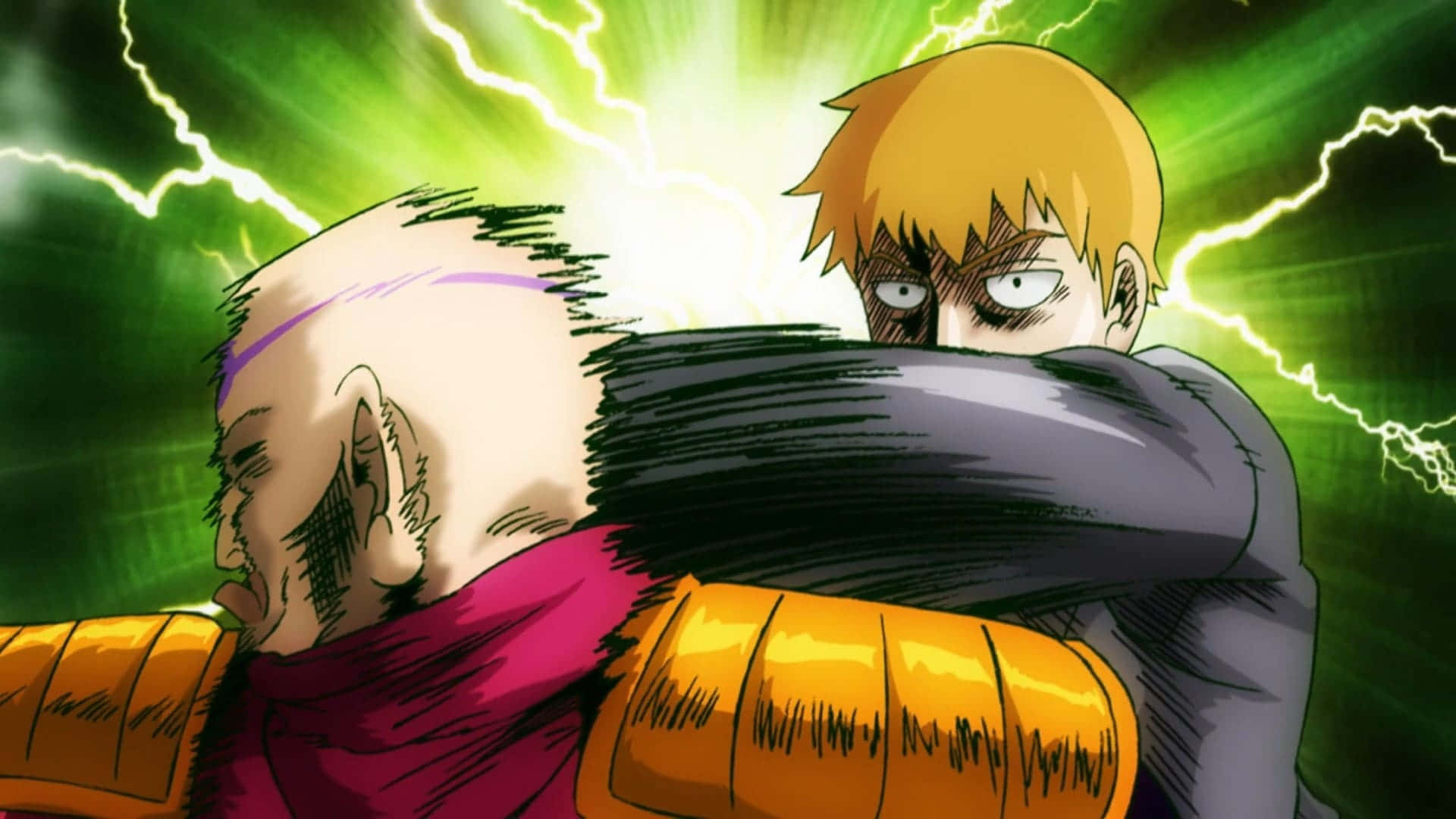 Mob Psycho 桌布 壁紙 — 一位金髮動漫戰士在閃爍綠色閃電的背景中，向光頭對手揮出強力一拳。
