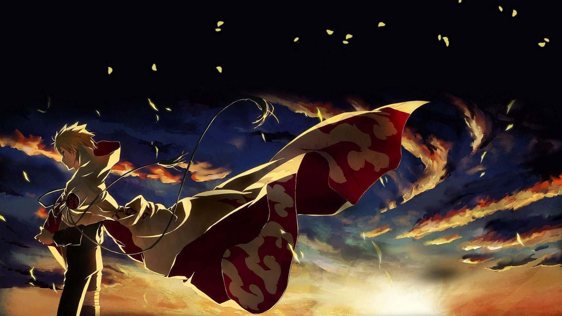 Anime Pc 桌布 壁紙 — 一位金髮動漫戰士穿著飄逸的紅白斗篷，站在熾熱的日落天空前，發光的樹葉在他周圍旋轉。