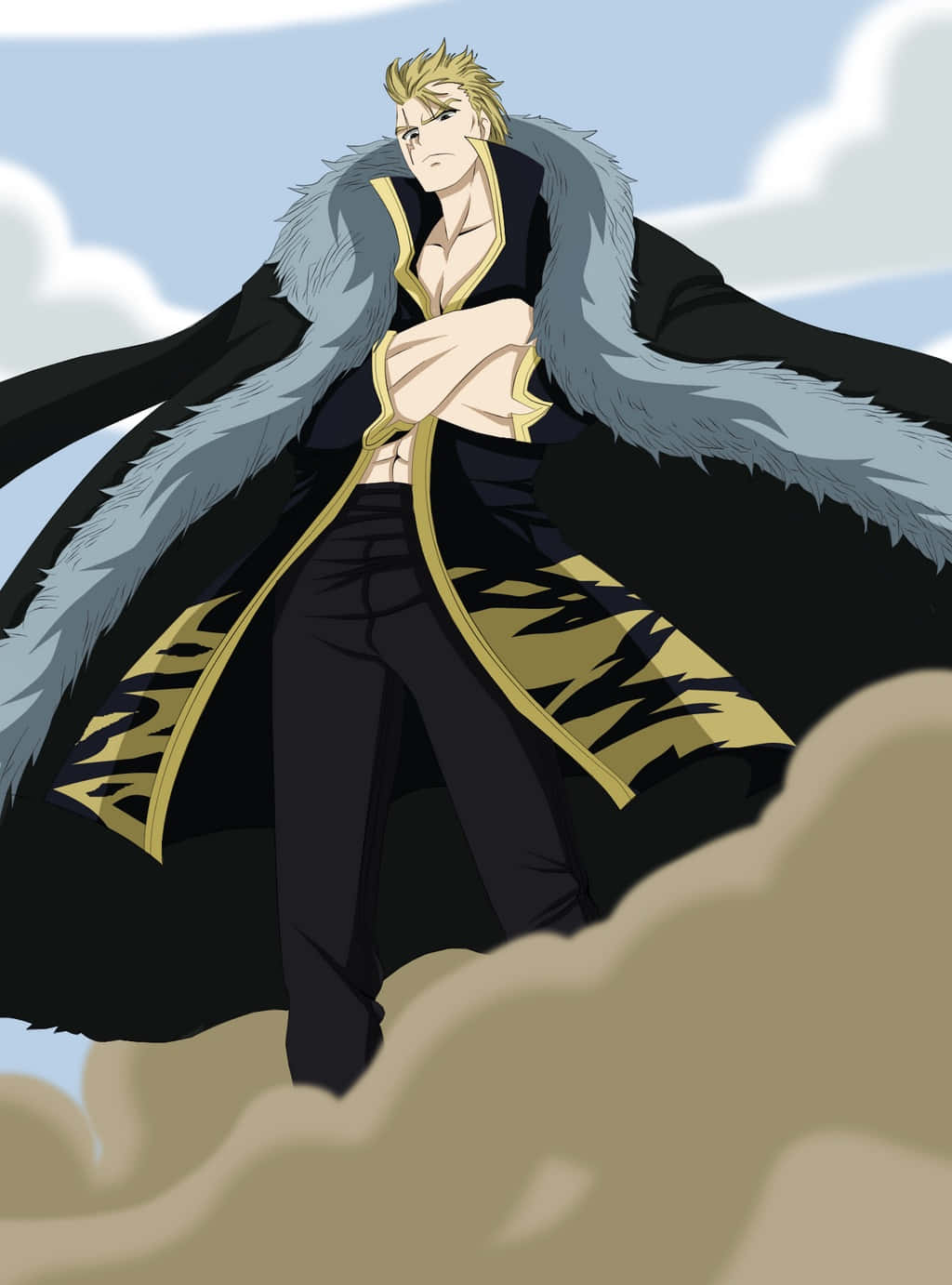 Laxus Dreyar 桌布 壁紙 — 一位金髮動漫戰士穿著黑色毛領外套，站在雲端上，背景是藍天白雲。