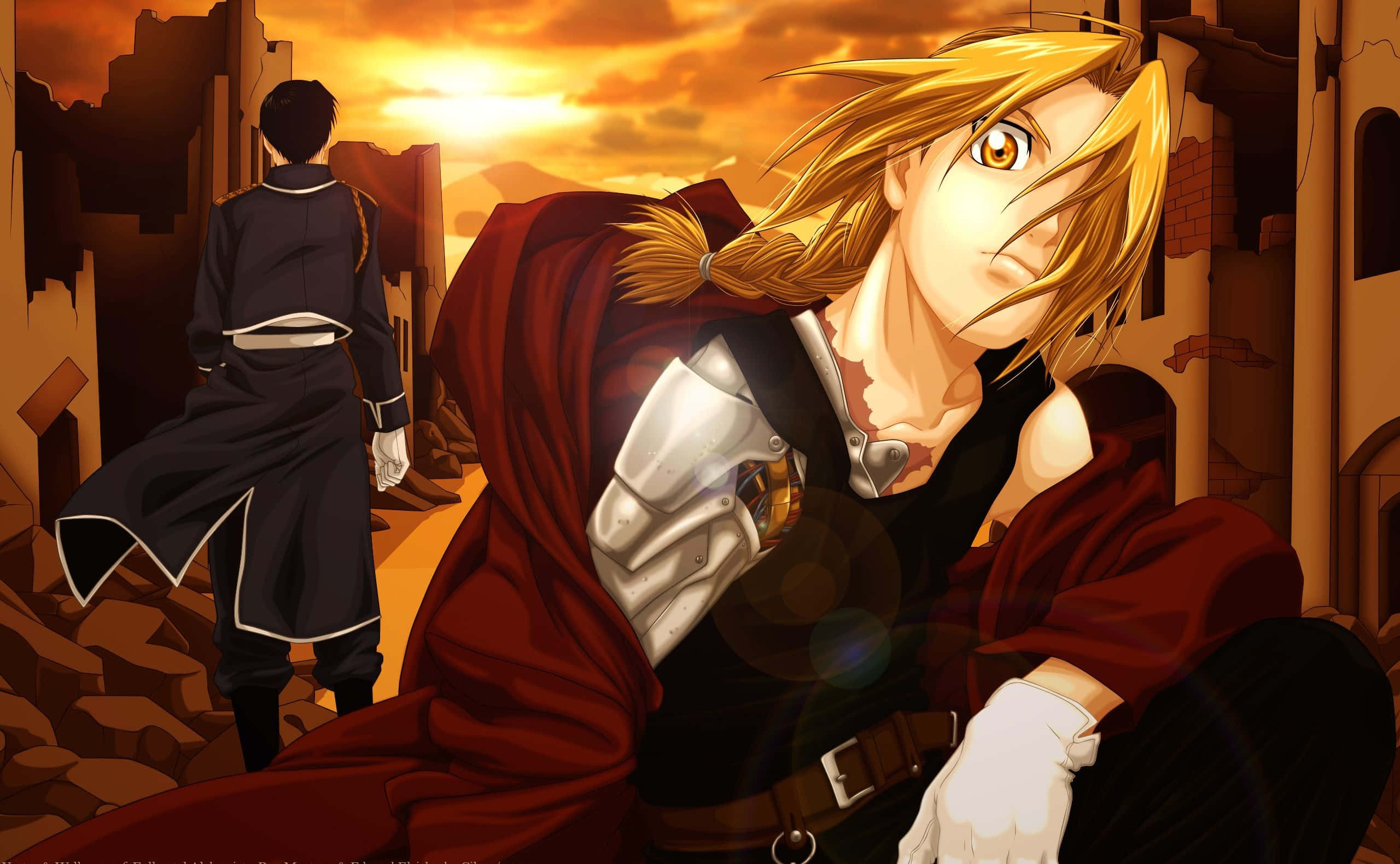edward elric 桌布 壁紙 — 一位金髮動漫戰士身披紅色斗篷跪在瓦礫中，而一位身穿黑袍的人物在火紅的夕陽天空下走開。