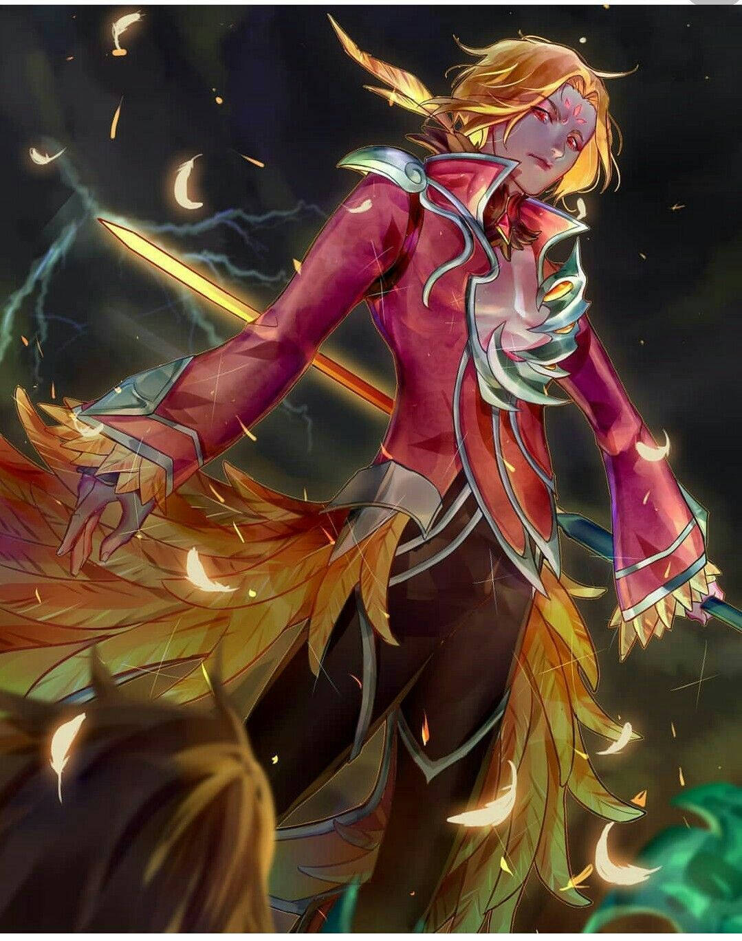 heroes 桌布 壁紙 — 一位金髮動漫戰士身穿洋紅色外套，在墜落的彎月和電風暴雲中揮舞著發光的劍。