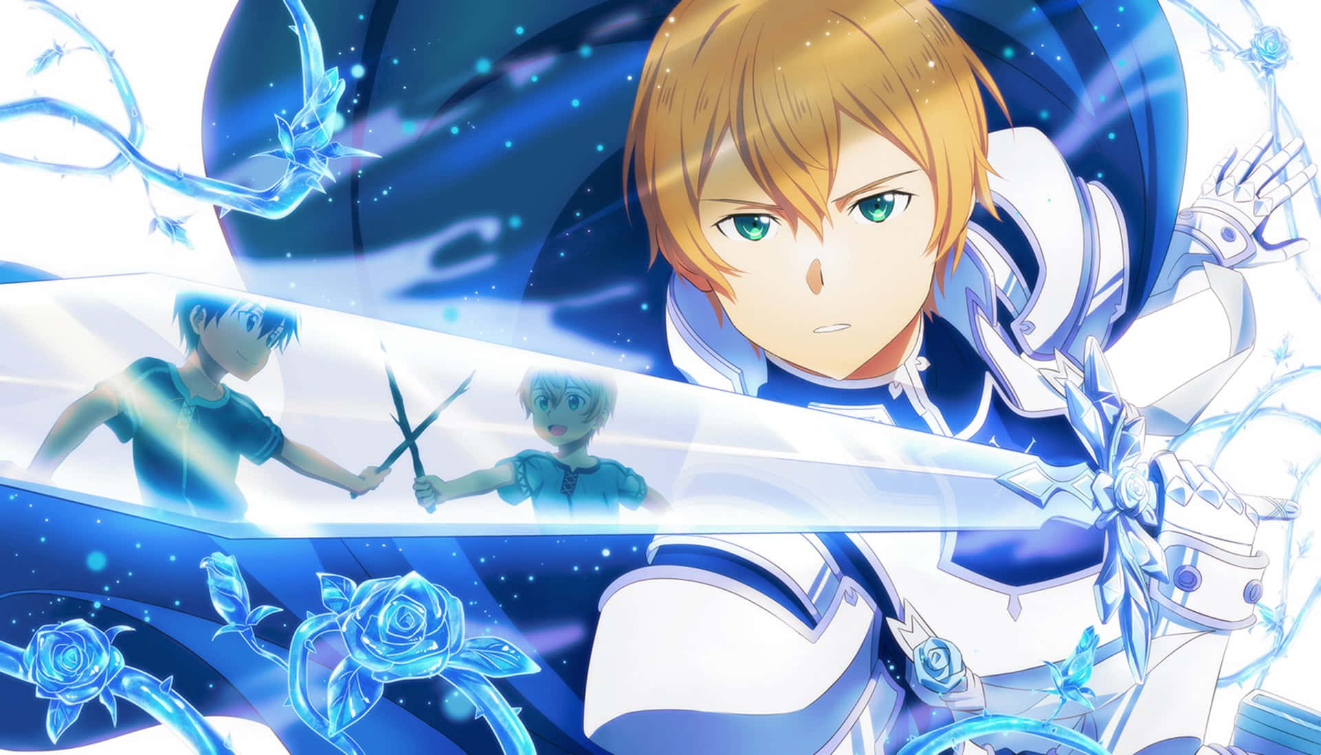 Sword Art Online Eugeo 桌布 壁紙 — 一位金髮動漫戰士身穿白色盔甲，在宇宙藍色背景中揮舞發光劍，背景有漂浮玫瑰和兩個較小角色。