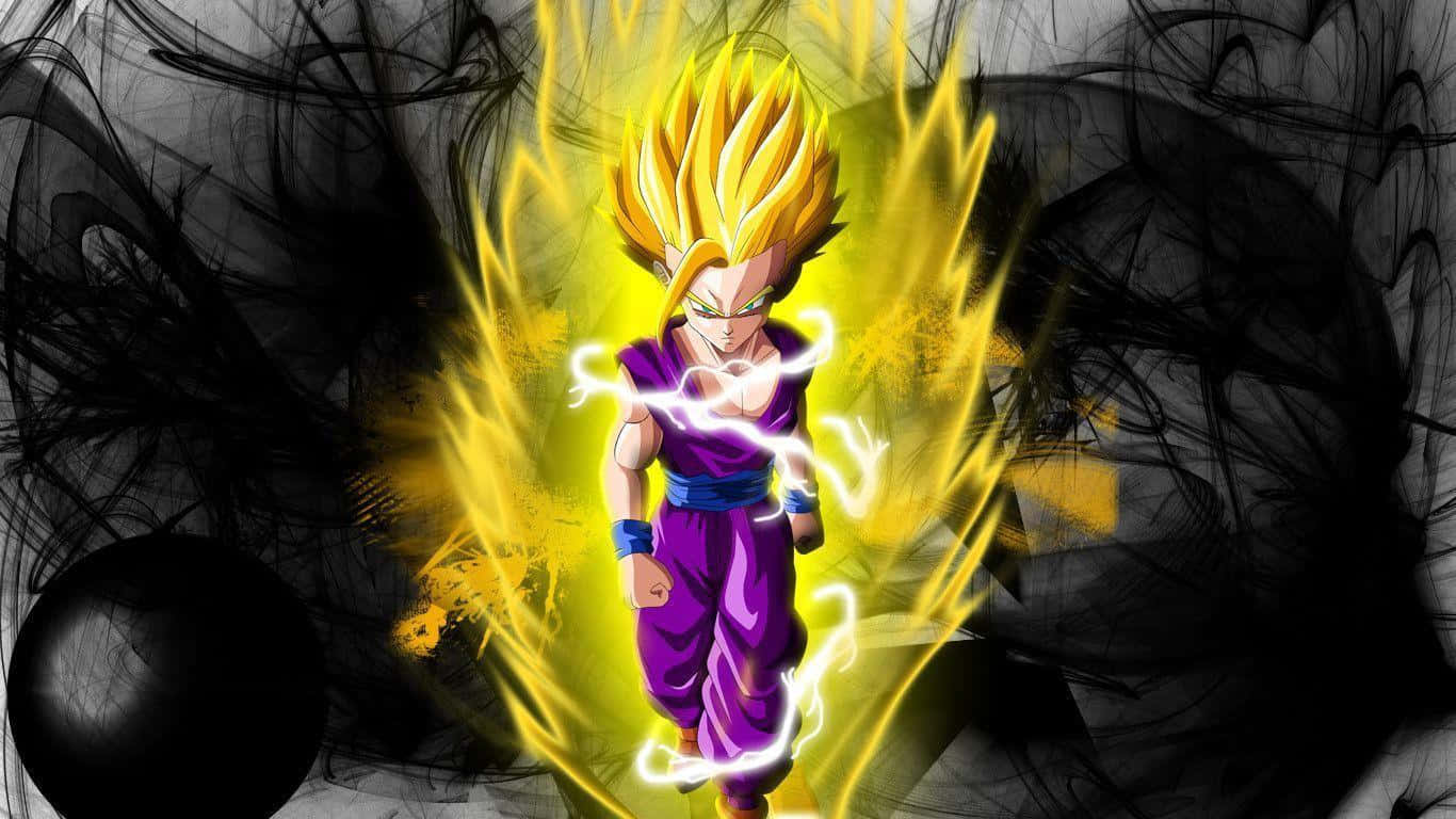 Mystic Gohan 桌布 壁紙 — 一位金髮動漫戰士身穿紫色道服，在旋轉的黑黃背景中散發出電能。