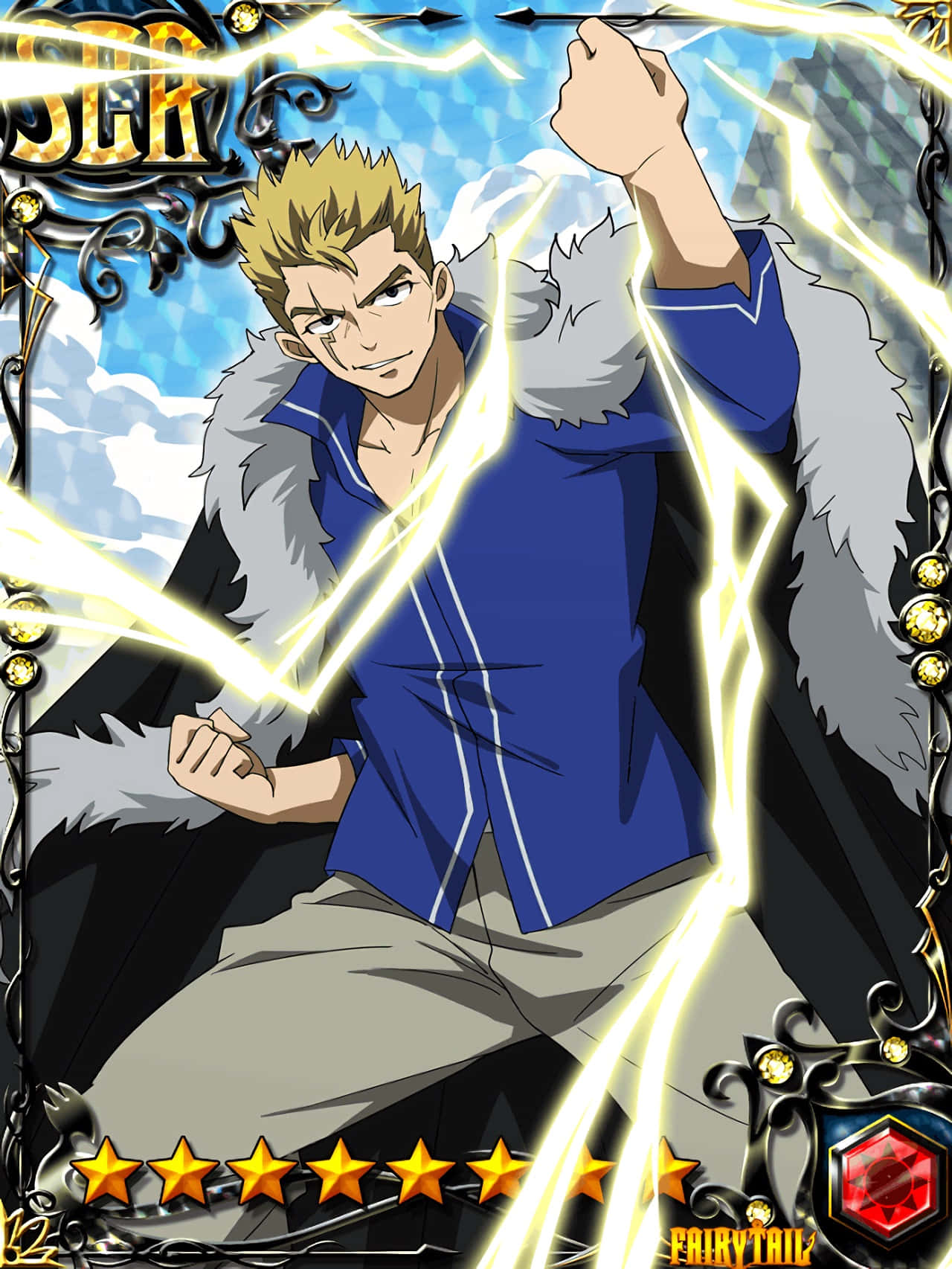 Laxus Dreyar 桌布 壁紙 — 一位金髮動漫戰士身穿藍色襯衫和毛皮襯裡大衣，帶著堅定的笑容引導明亮的黃色閃電。