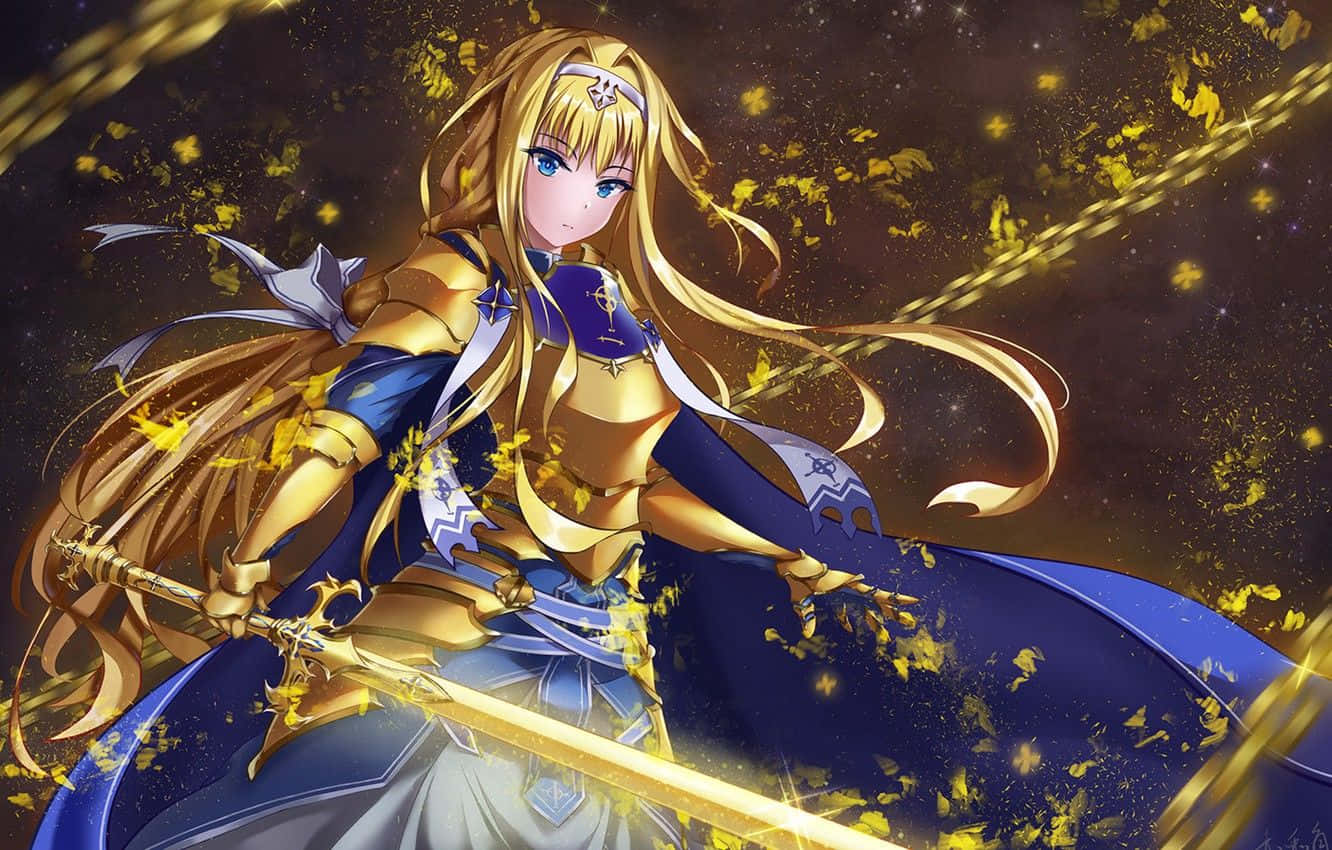 The Rising Of The Shield Hero 桌布 壁紙 — 一位金髮動漫戰士身穿金色盔甲，在星光熠熠的夜空下，揮舞著發光的劍，周圍金色落葉飄落。