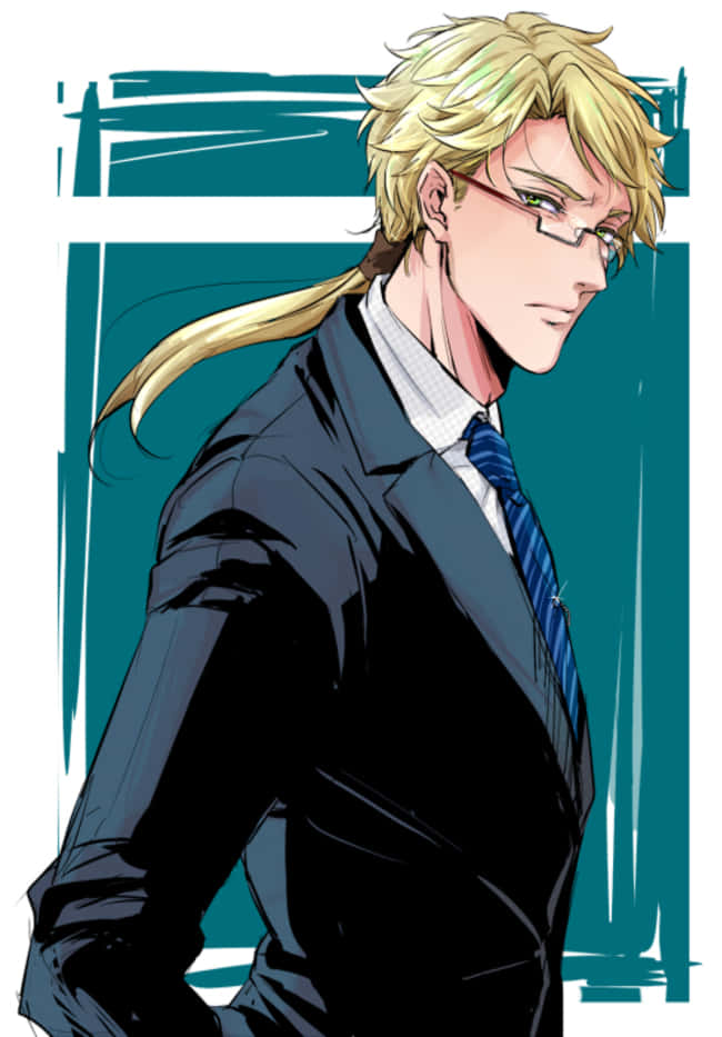 Kunikida 桌布 壁紙 — 一位金髮動漫男子穿著俐落西裝和眼鏡，在青綠色背景前自信地側視擺姿勢。