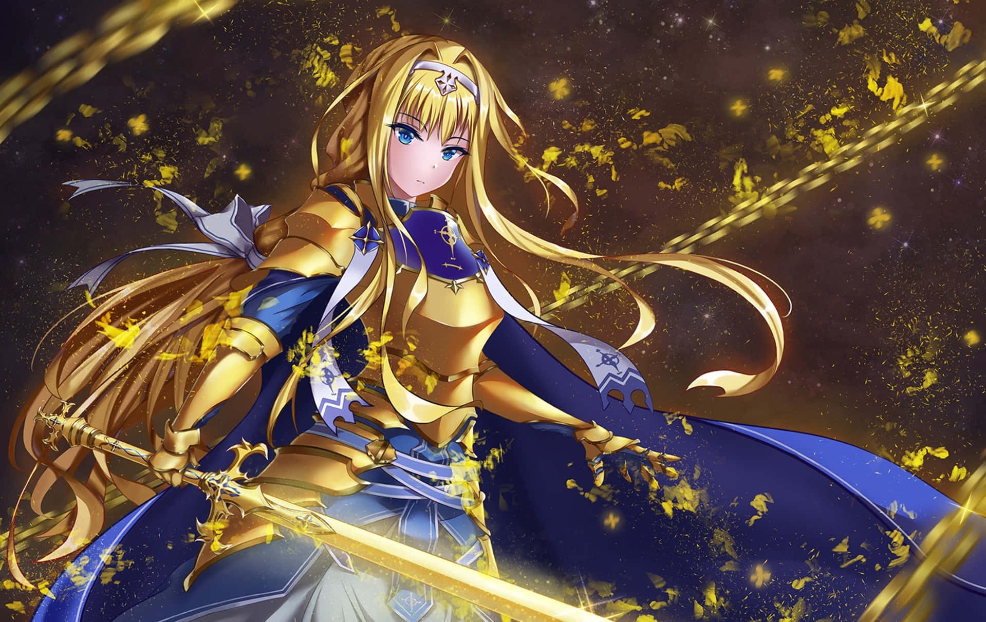 Alice Zuberg 桌布 壁紙 — 一位金髮動漫騎士身穿藍金鎧甲，在繁星點點的夜空下，於飄落的黃葉中揮舞著發光的劍。