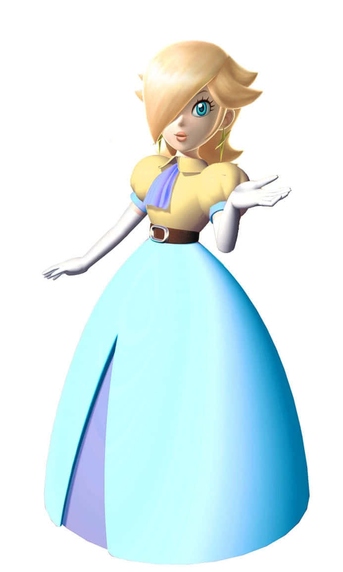 Princess Rosalina 桌布 壁紙 — 一位金髮動畫公主身穿藍色長袍，在純白背景前優雅地做手勢。