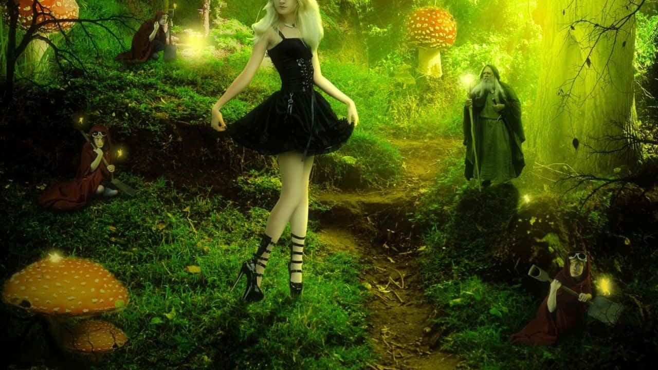 Enchanted Forest 桌布 壁紙 — 一位金髮女子穿著黑色連衣裙，走過一個發光的綠色森林，裡面有巨大的蘑菇和神秘人物。