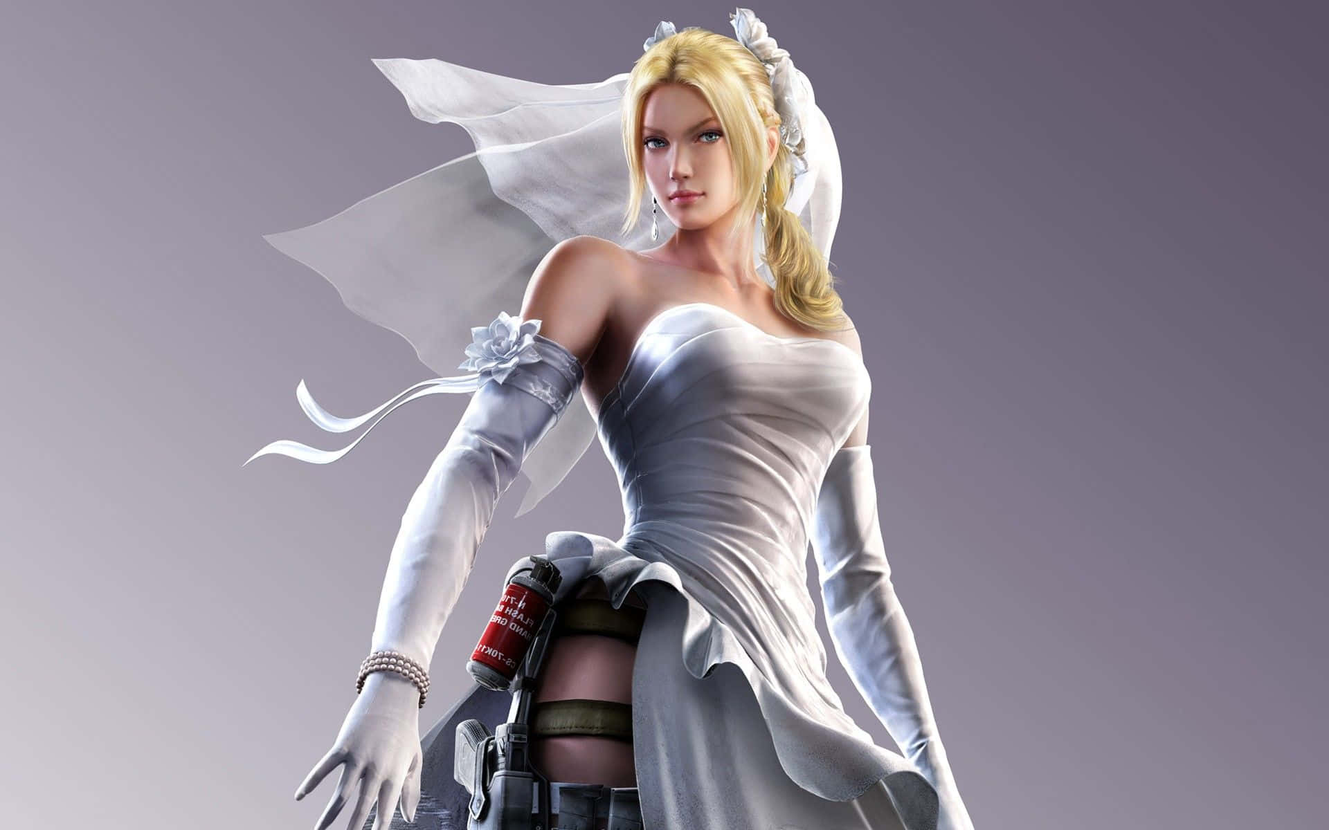 Street Fighter Characters 桌布 壁紙 — 一位金髮女子身穿白色婚紗，戴著頭紗，在灰色背景前將手榴彈放在臀部。