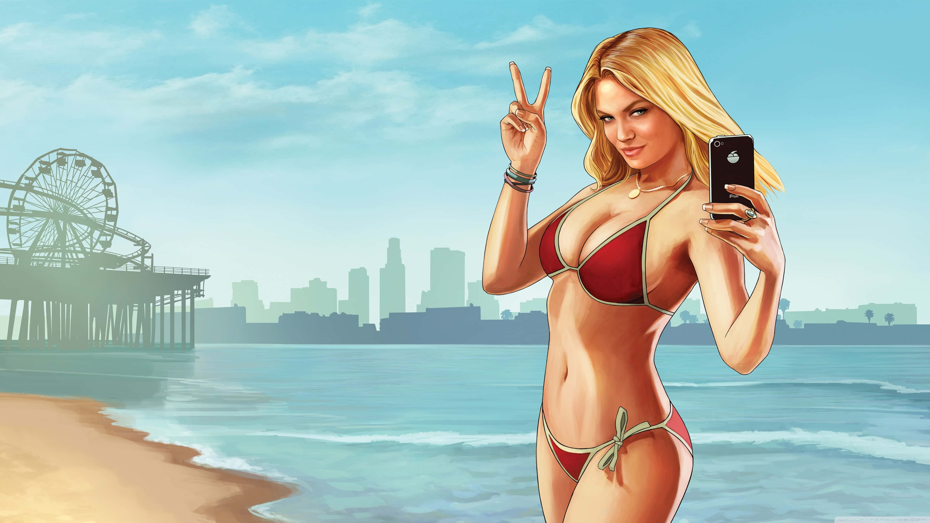 Gta 5 4K 桌布 壁紙 — 一位金髮女子身穿紅色比基尼，在海灘上以碼頭和城市天際線為背景自拍。