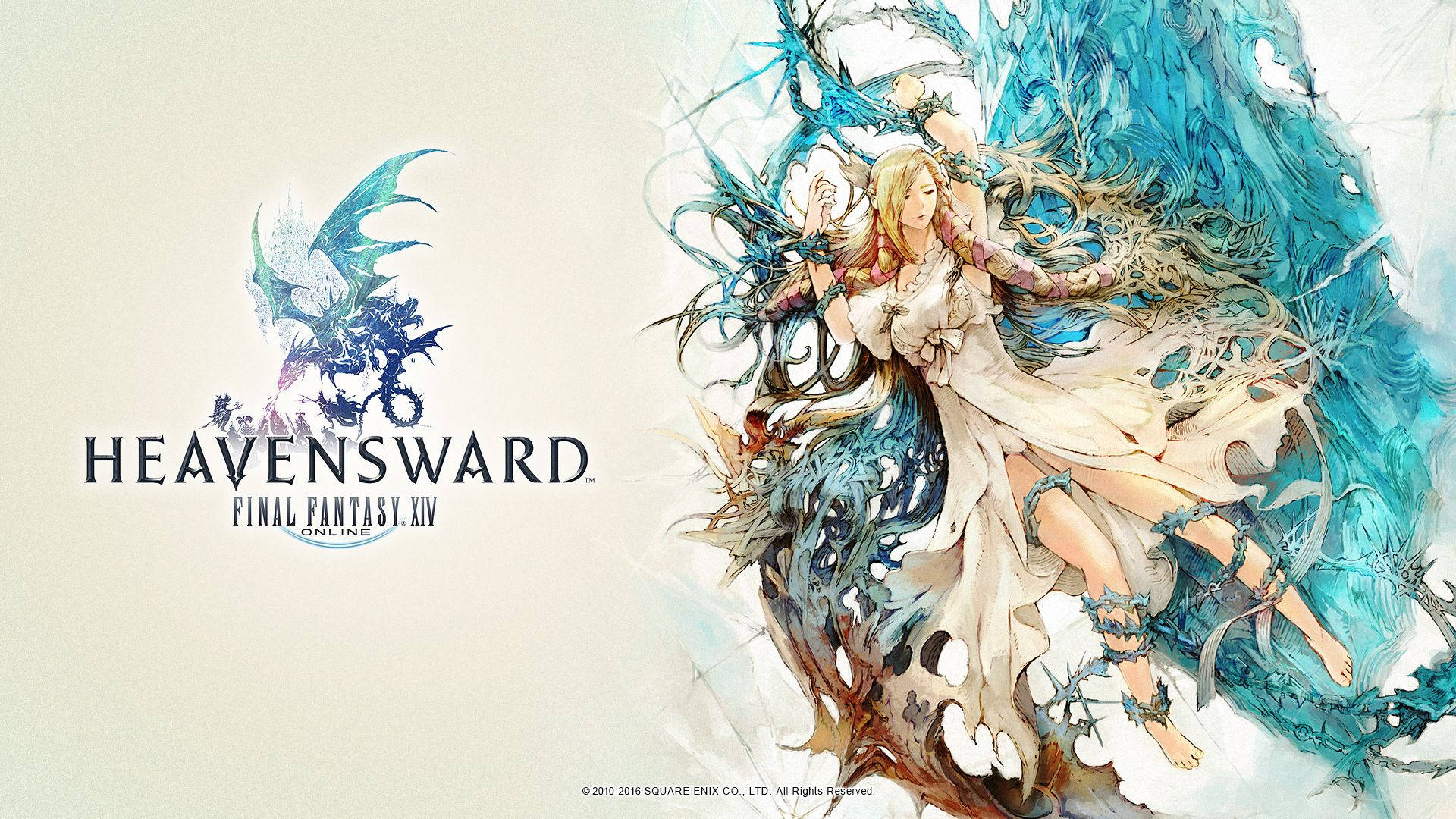 FF14 Minfilia Warde 壁紙 — 一位金髮女子身穿飄逸白色連衣裙，騎著雄偉的藍色巨龍，背景為柔和奶油色，帶有遊戲標誌。