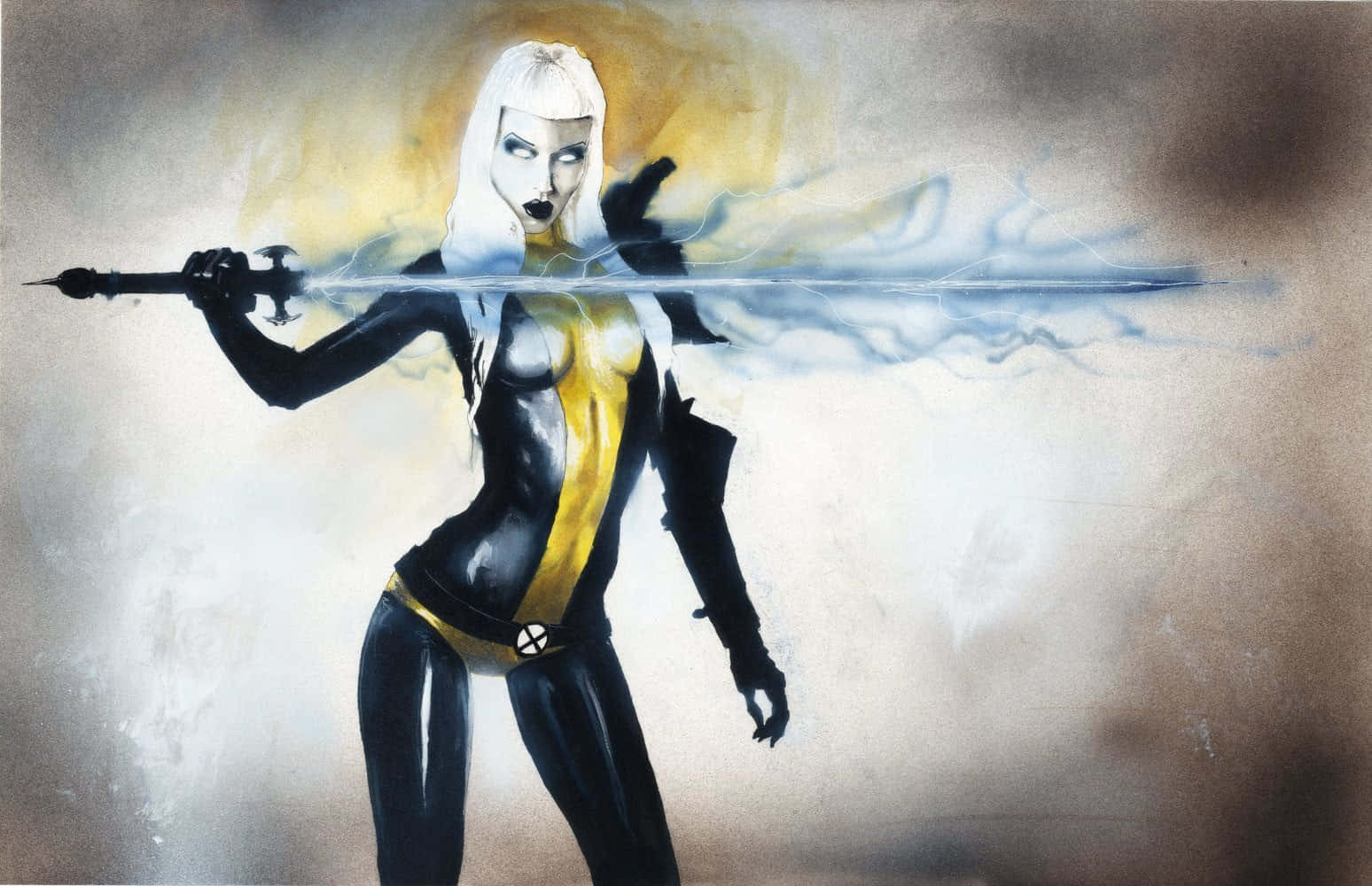 New Mutants 桌布 壁紙 — 一位金髮女子身穿黑黃色套裝，在煙霧背景中揮舞著發光的劍。