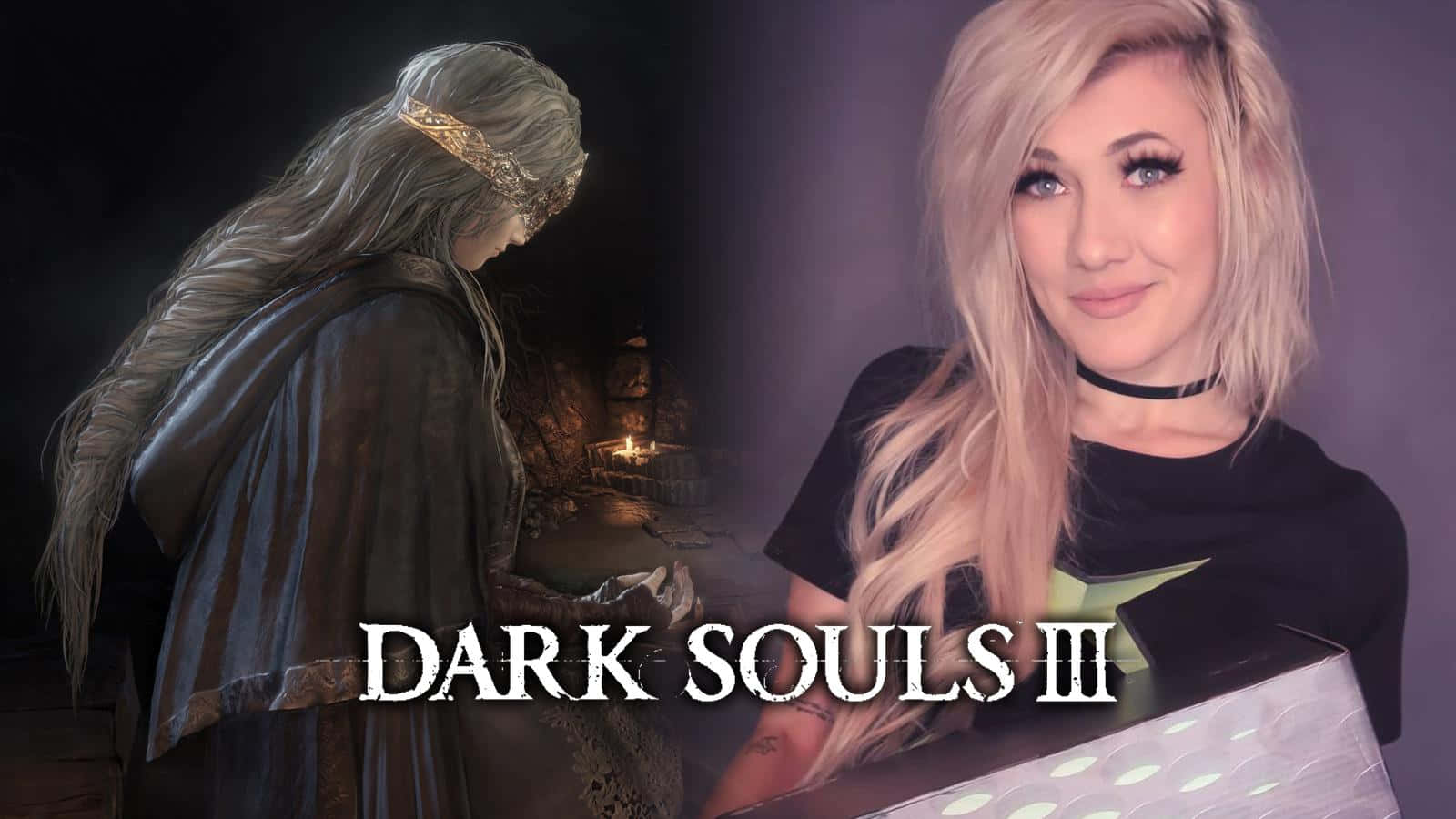 Fire Keeper 桌布 壁紙 — 一位金髮女性在黑暗奇幻場景中，在《Dark Souls III》角色旁邊微笑。