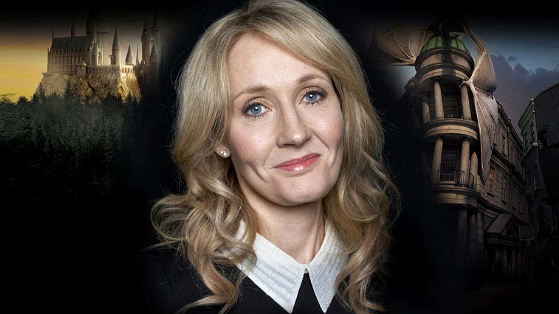 J K Rowling 桌布 壁紙 — 一位金髮女性在黑暗背景下微笑，背景是霍格華茲城堡和斜角巷。